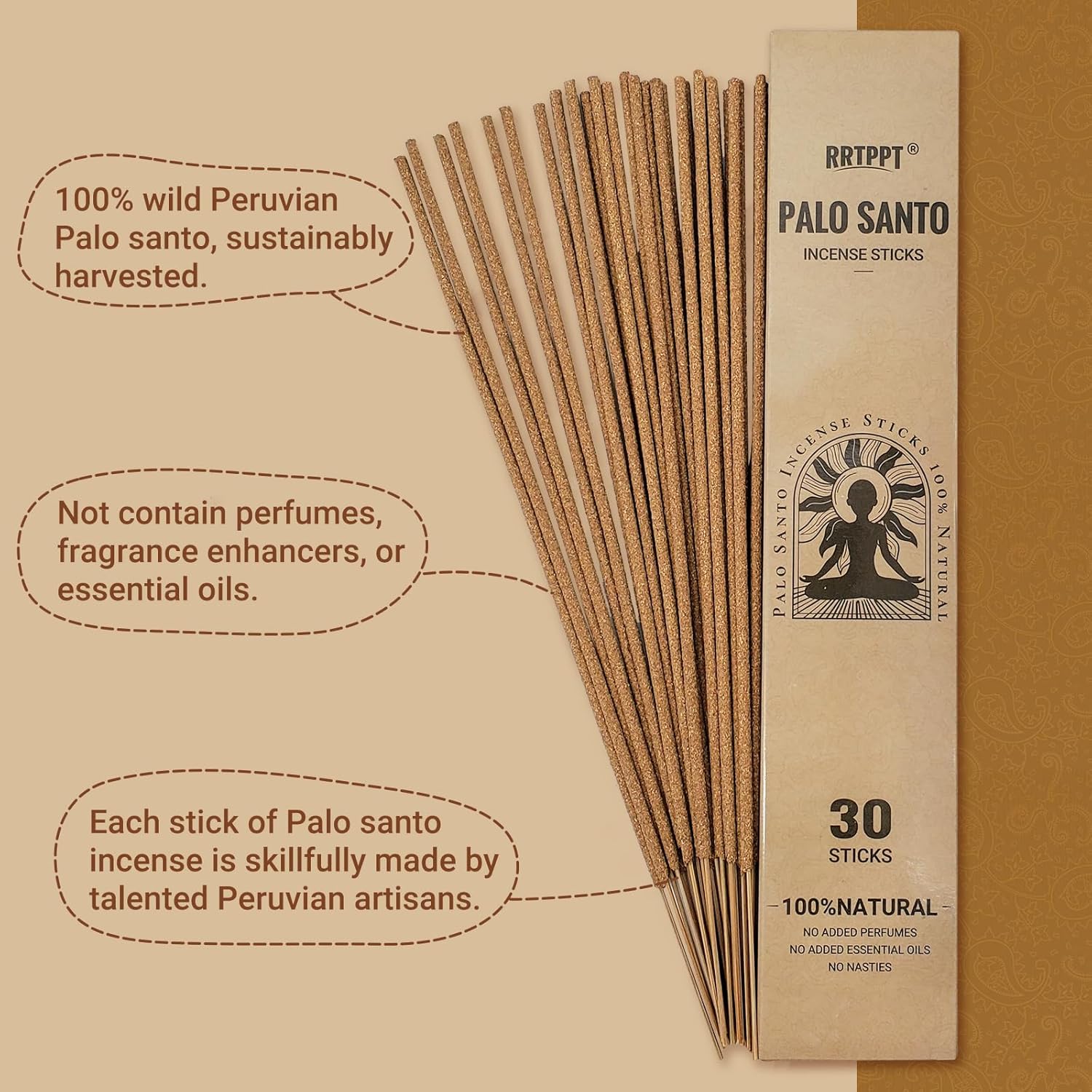 Palo Santo Incense Sticks (30 Sticks), 100% Natural sustainably harvested Peruvian Palo Santo, Suitable for Meditation, Relaxation, and Spiritual Purification