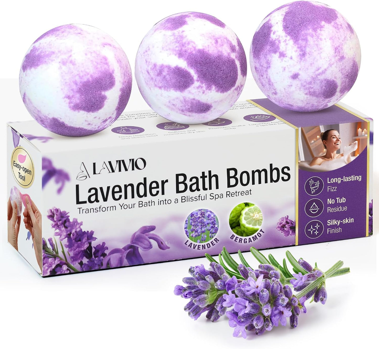 Lavender Bath Bombs for Women - Lavendar Bath Bomb with Shea Butter & Essential Oils - Mega Foaming, Relaxing, Moisturizing, for Stress Relief & Dry Skin - 3 x 100g - Gift Set