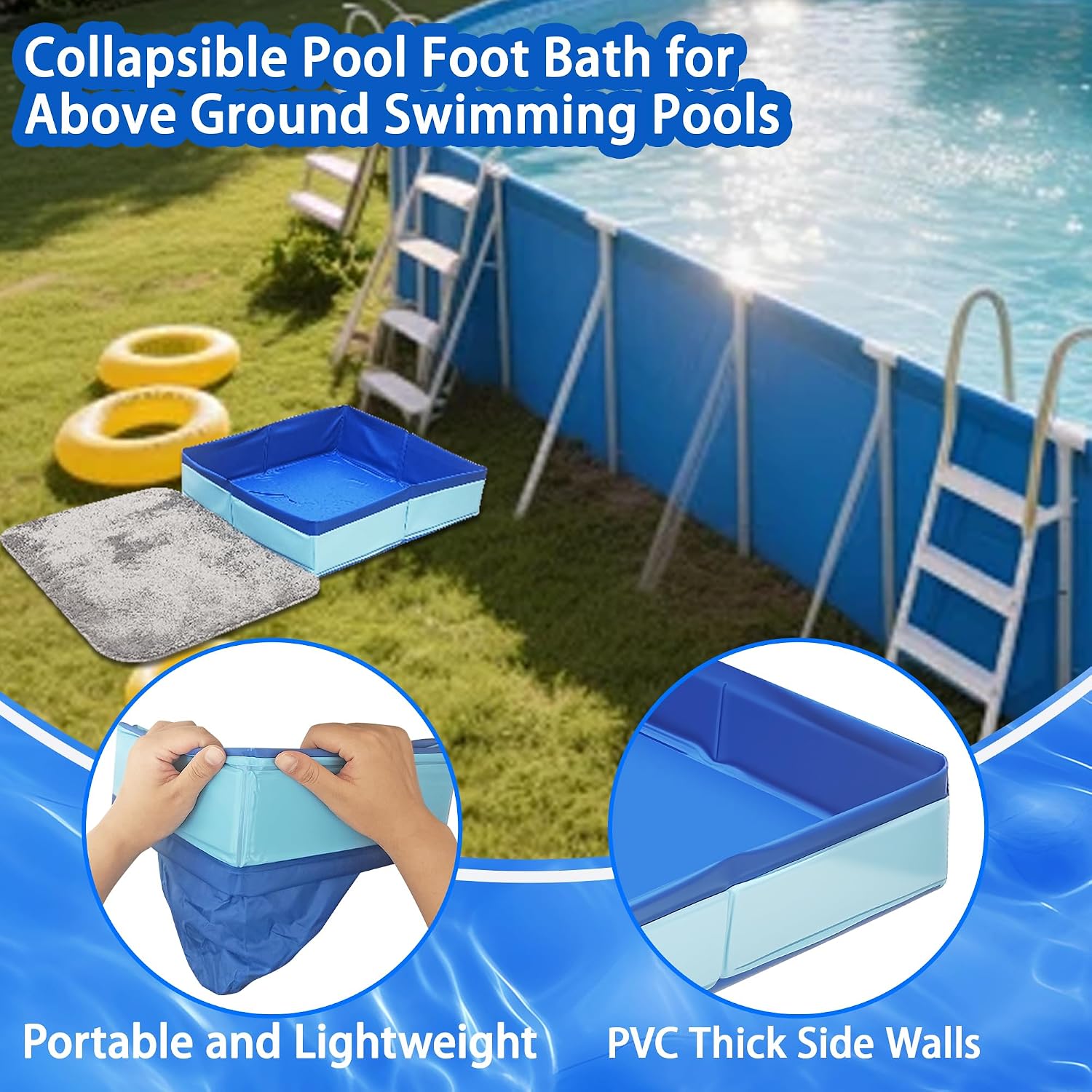 19.6"x19.6"x4.1" Lagre Pool Foot Bath Basin with Mats, Foldable Square Pool Foot Wash Tub for Above Ground Swimming Pools Spa Entry Ladder Pool Accessories Pool Clean Feet Accessory