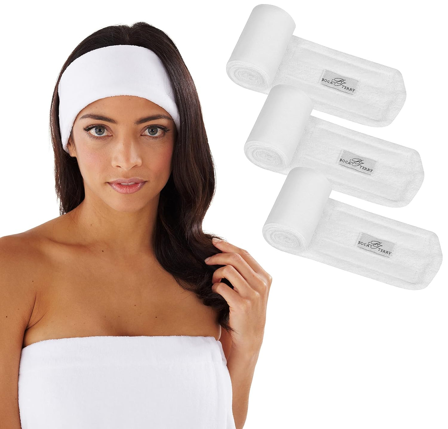 Boca Terry Makeup Headband, 100% Cotton Women's Adjustable Towel Headband for Washing Face, Facial, Cosmetic & Skin Care Treatments. 3-Pack