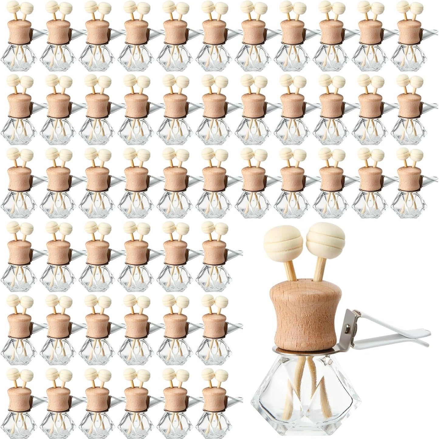 Zubebe 30 Pack 8 ml Diamond Essential Oil Diffuser Bottle Bulk Car Air Freshener Vent Clip Auto Perfume Vent Diffuser for Aromatherapy Fragrance Ornament Decor, Glass Bottle with Wooden Caps Stick