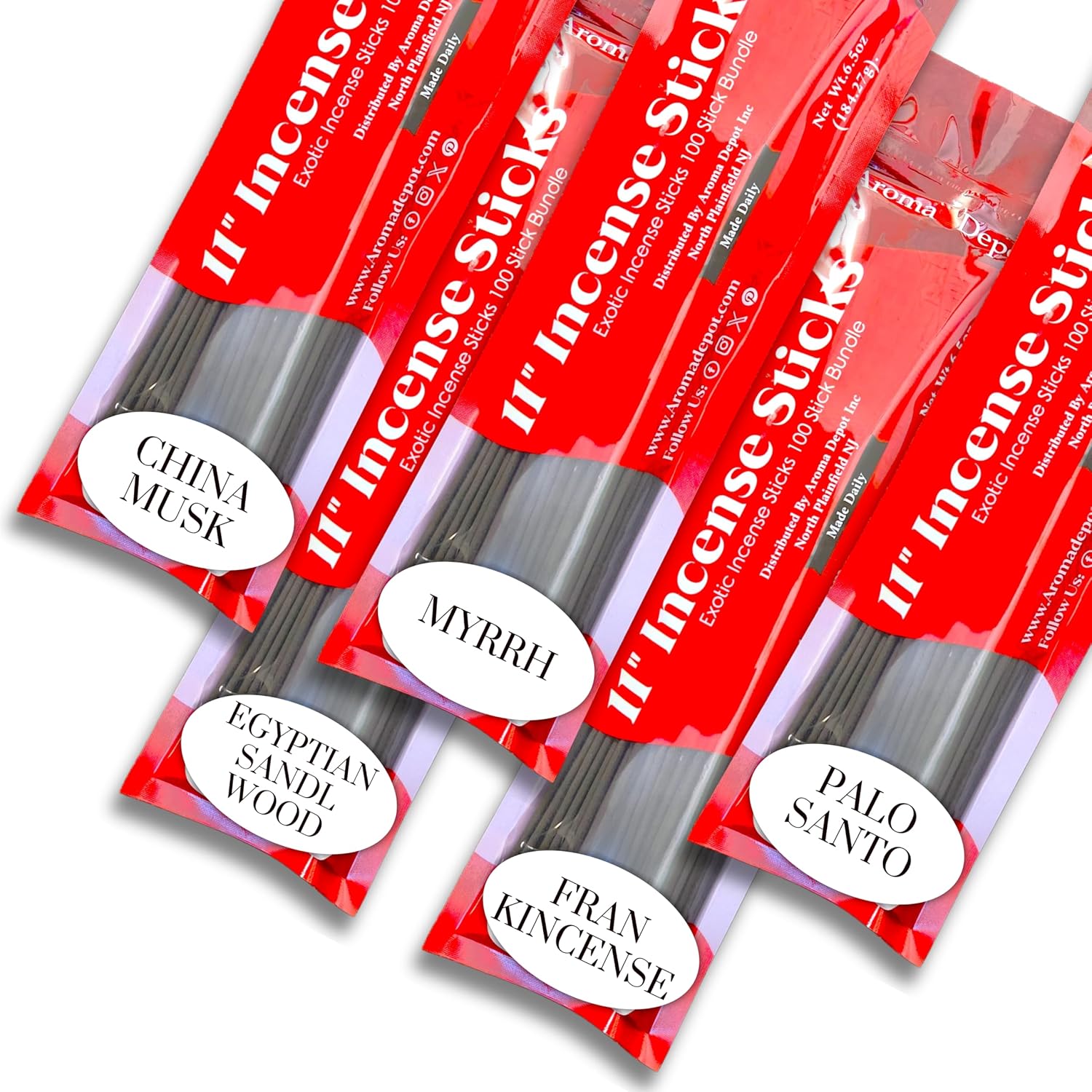 Earth & Wood Vibes 11'' Incense Sticks - Variety Set 500 Pack - 11 inch - 5 Bundles 100 Sticks Per Fragrance Scent. Set Features China Musk, Egyptian Sandalwood, Frankincense, Myrrh, Palo Santo