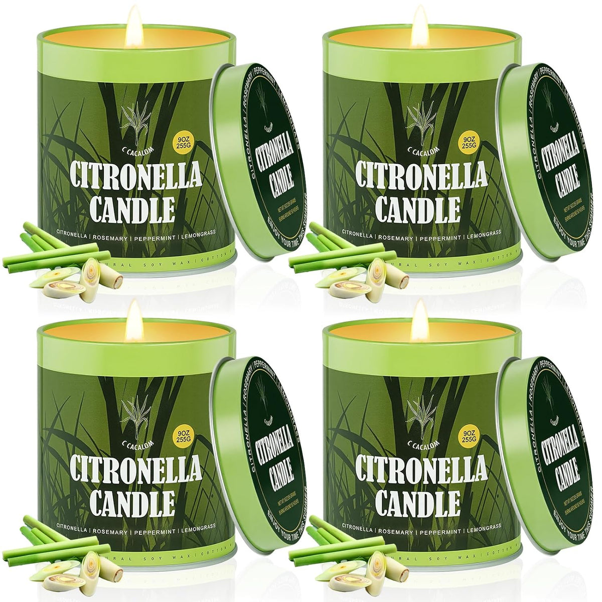 Citronella Candles Outdoor Set, 4 Pack Jar Candle for Patio Camping Backyard Picnic, Infused with 5 Plant Essential Oils, 9