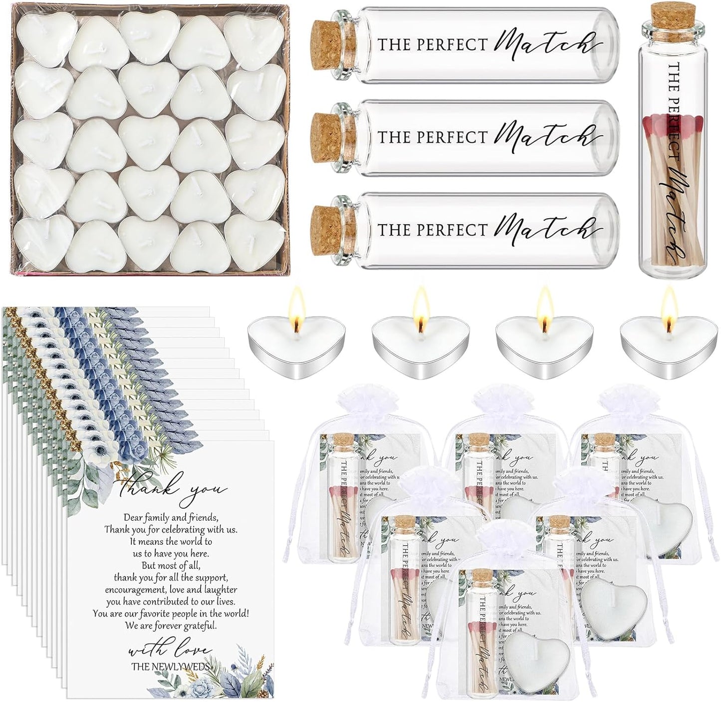 50 Sets Wedding Party Favors for Guests Bulk Including Heart Shaped Candles and Empty Matches Jars with Cork Top Thank You Cards and Organza Bags for Wedding Bridal Shower Party (Blue Flower)