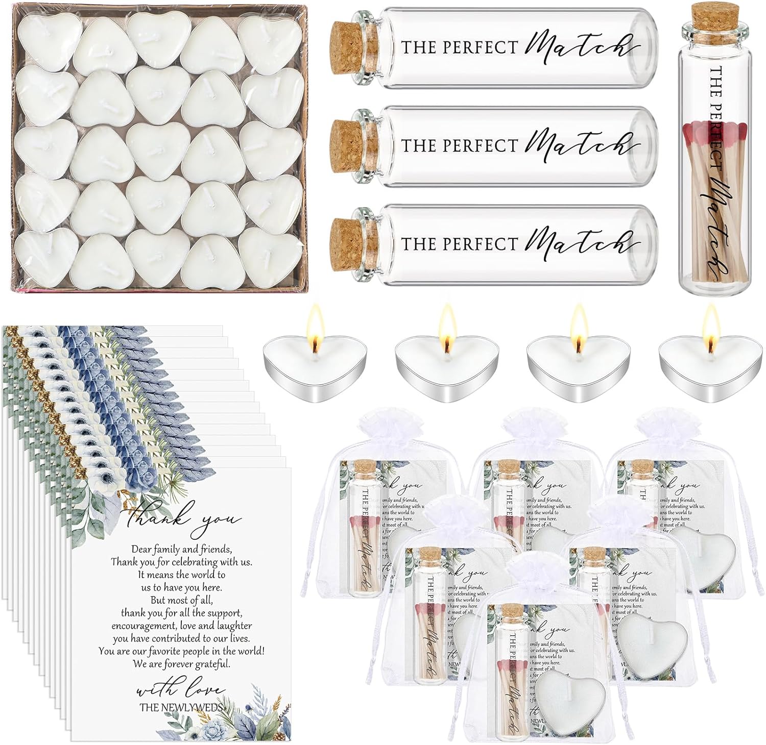 50 Sets Wedding Party Favors for Guests Bulk Including Heart Shaped Candles and Empty Matches Jars with Cork Top Thank You Cards and Organza Bags for Wedding Bridal Shower Party (Blue Flower)