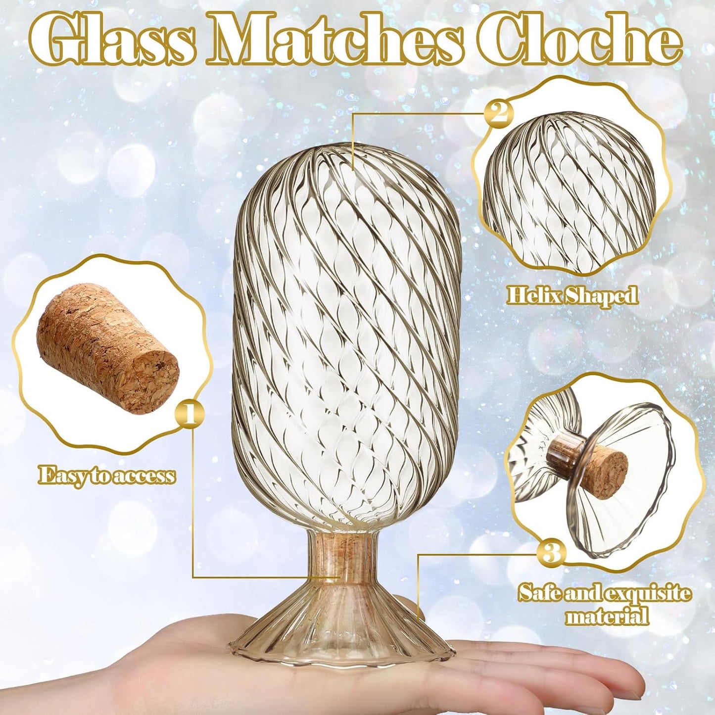 Cinnvoice Helix Shaped Glass Matches Cloche Decorative for 4 Inch Candle Matches Trendy Fireplace Display Decor, Not Include Matches(Smoke Grey,2.95 x 6.1 Inch)