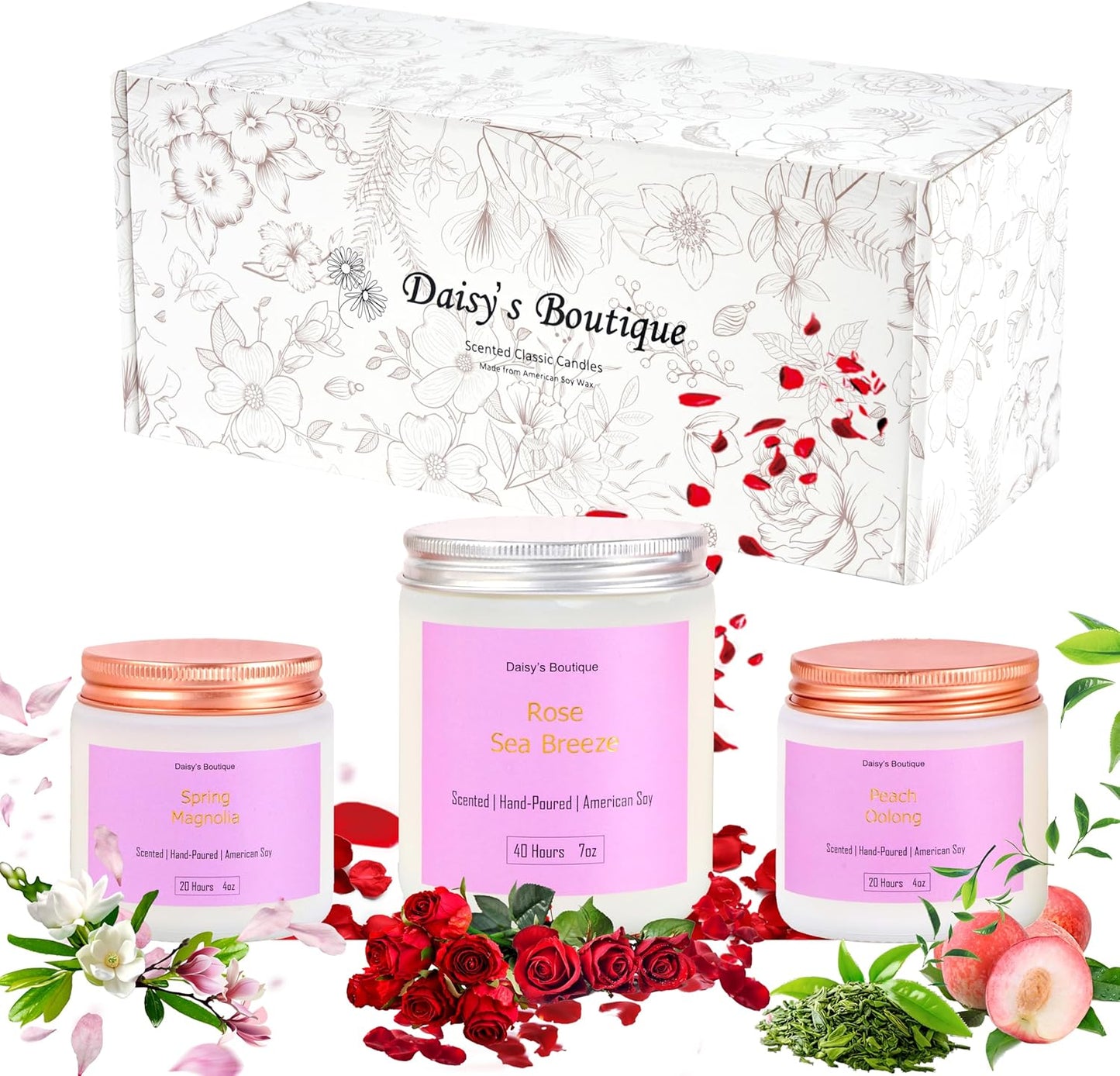 Scented Candles for Home Aromatherapy Candle Gift Present Set Soy Wax Long Lasting Gift Birthday Mother's Day Thanksgiving 3 Pack ((Peach Oolong + Rose + Magnolia) White Glass Jar)