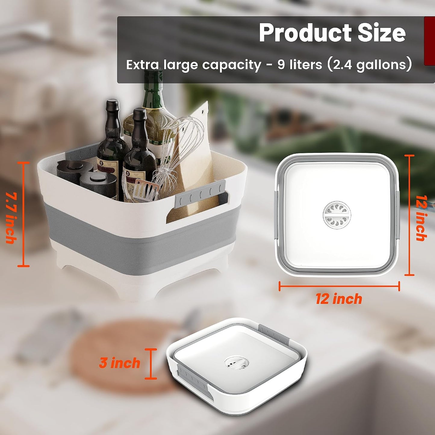 MontNorth 2.4 Gal Collapsible Wash Basin with Drain Plug, 9L, Gray | Portable foldable sink for camping, RV, soaking baby bottles, vegetable washing, ice beverage storage
