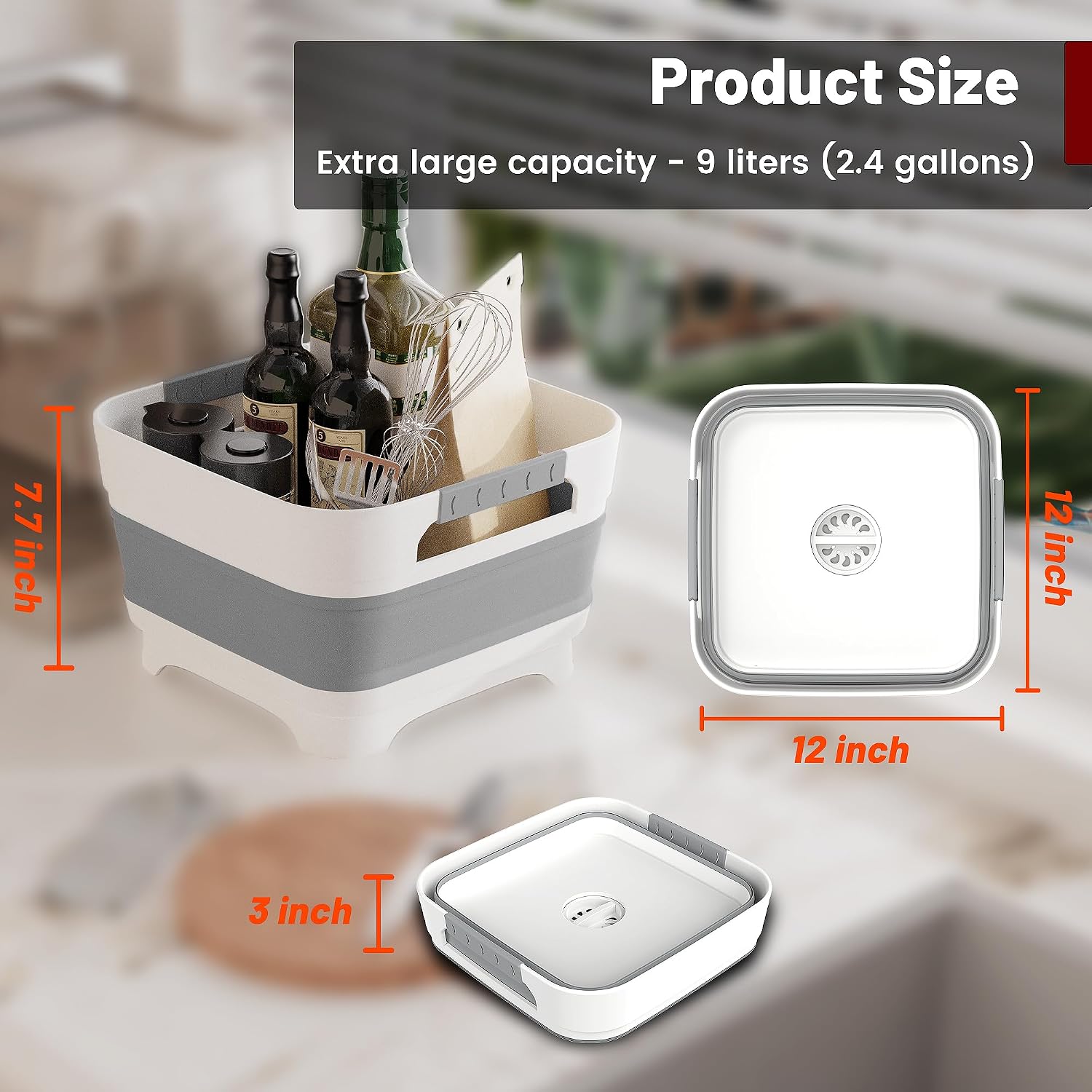MontNorth 2.4 Gal Collapsible Wash Basin with Drain Plug, 9L, Gray | Portable foldable sink for camping, RV, soaking baby bottles, vegetable washing, ice beverage storage