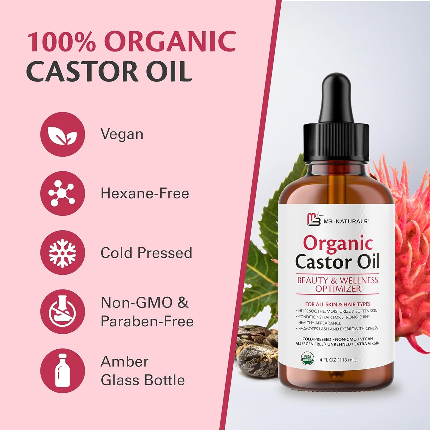 100% Pure Organic Castor Oil for Hair, Lash and Eyebrow Growth, Lymphatic Drainage and Skin Hydration | Hexane-Free, Cold Pressed, Unrefined in a 4 fl oz Glass Bottle with Dropper by M3