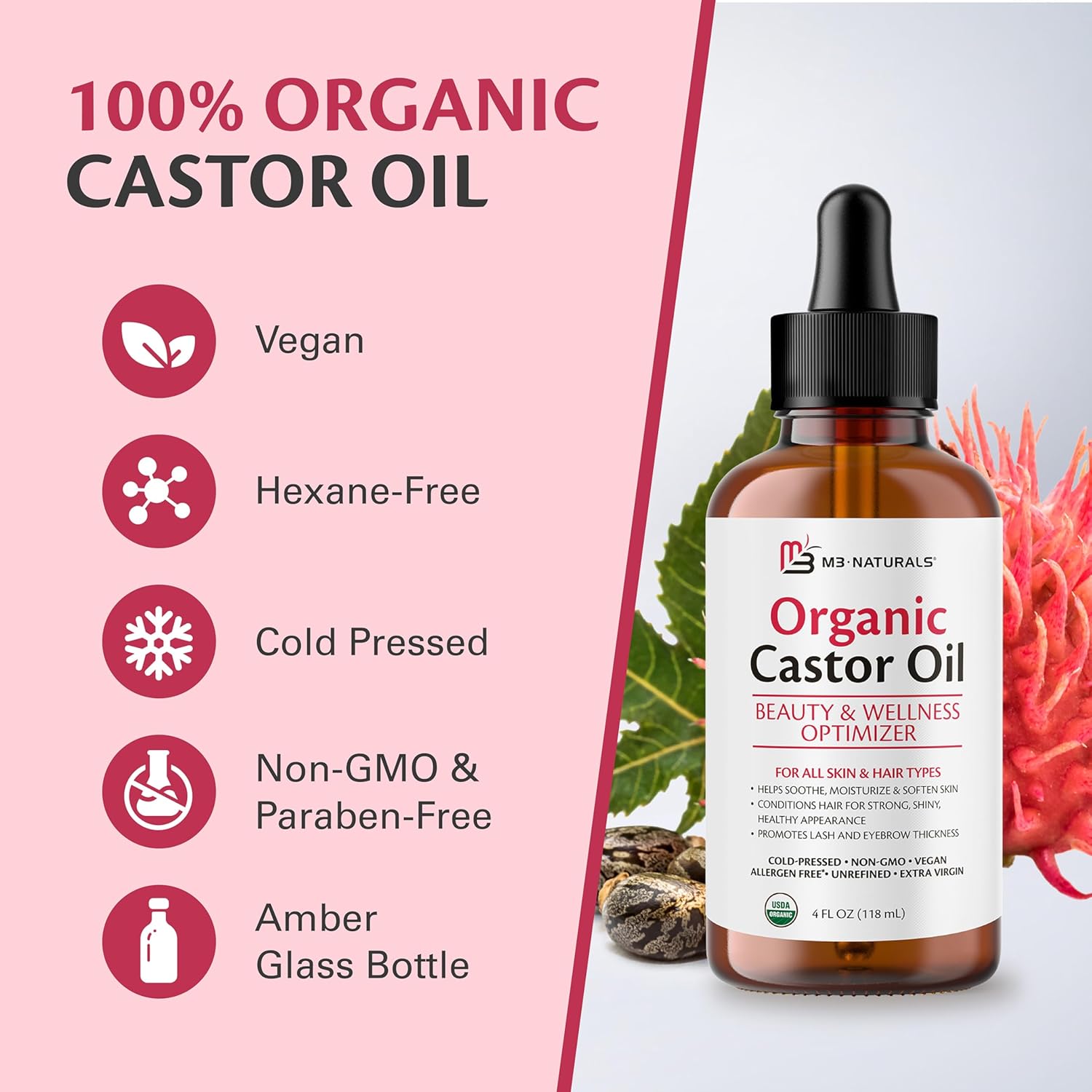 100% Pure Organic Castor Oil for Hair, Lash and Eyebrow Growth, Lymphatic Drainage and Skin Hydration | Hexane-Free, Cold Pressed, Unrefined in a 4 fl oz Glass Bottle with Dropper by M3