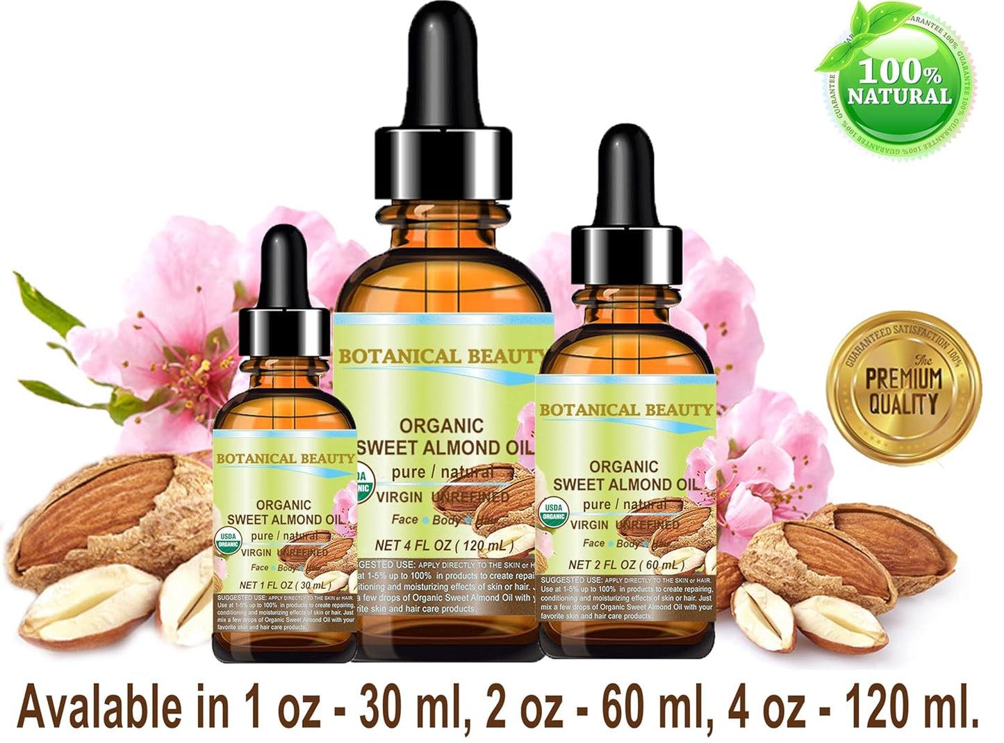 Botanical Beauty‎ Organic SWEET ALMOND OIL 100% Pure Natural Virgin Unrefined Undiluted Cold Pressed Carrier Oil for Face, Skin, Body, Hair, Massage, Nails. 2 Fl. oz - 60 ml