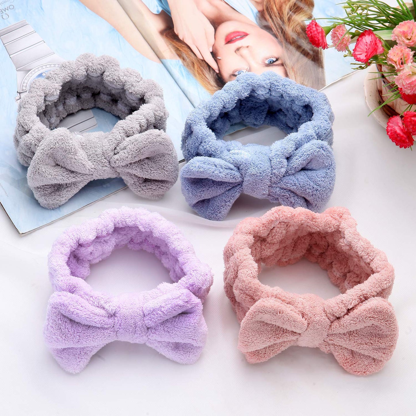 Senkary 4 Pack Makeup Spa Headband Microfiber Bow Towel Soft Fluffy Washing Face Headband for Women Girls Shower Bath Skincare (Pink, Light Blue, Purple, Gray)
