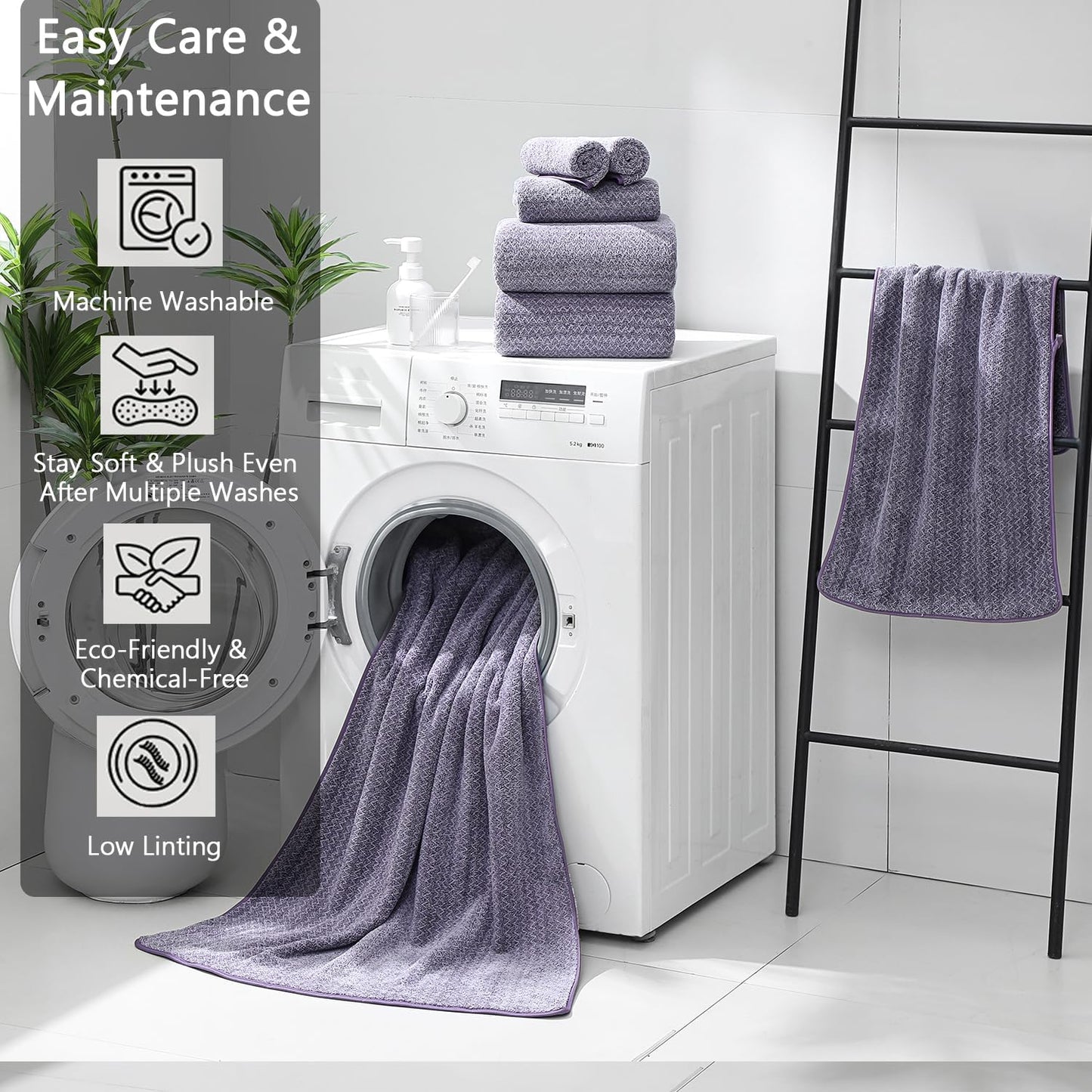 18 Piece Bath Towels Set,100% Microfiber Family Bathroom Towel with Hanging Loops-6 Bath Towels,6 Hand Towels,6 Washcloths,Quick Dry Highly Absorbent Shower Towel for Bathroom,Hotel,Spa-Dark Purple