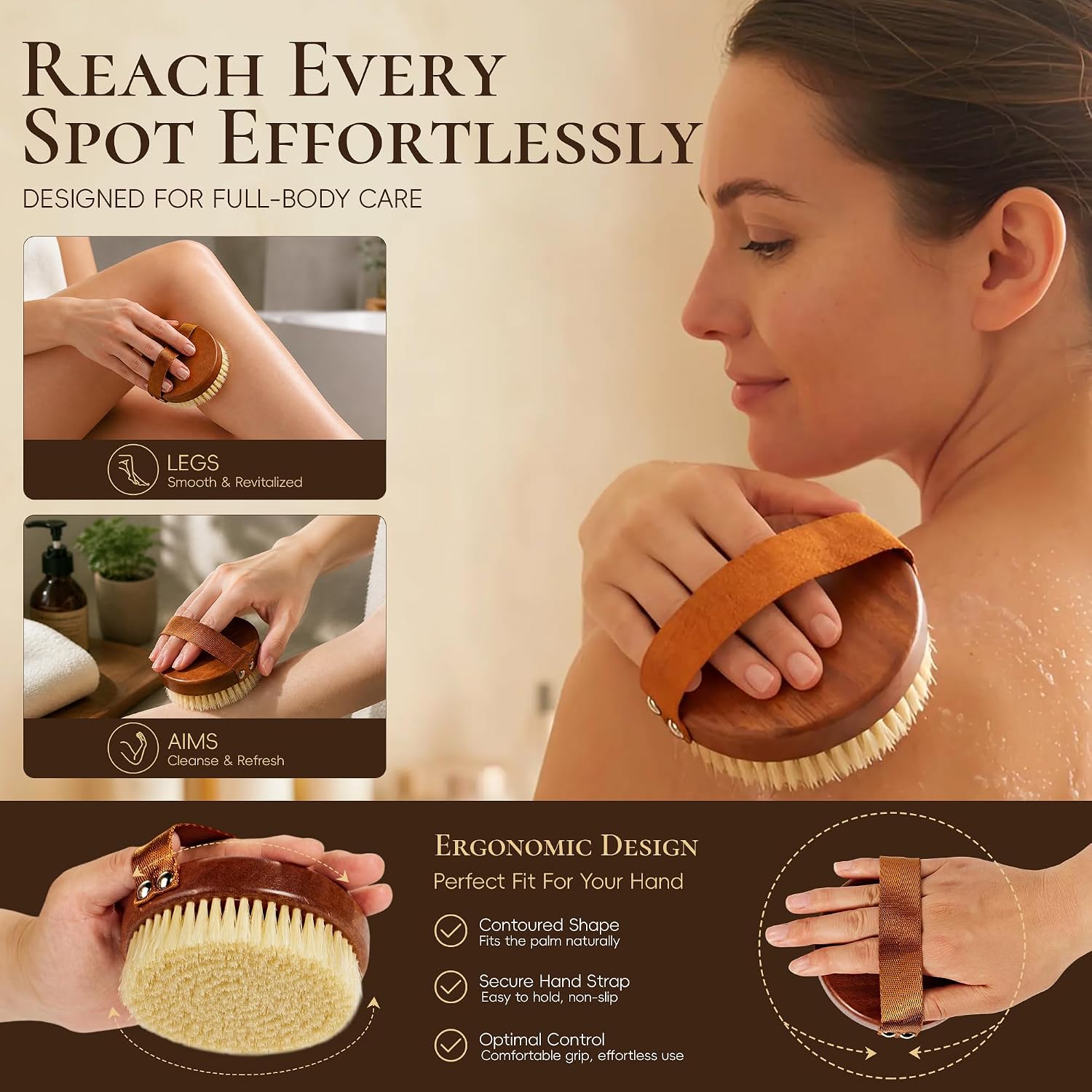 DEBETOOL Dry Brushing Body Brush - Natural Boar Bristle Exfoliating Brush for Lymphatic Drainage & Cellulite, Medium Firmness Body Brush for Dry Skin Self Care