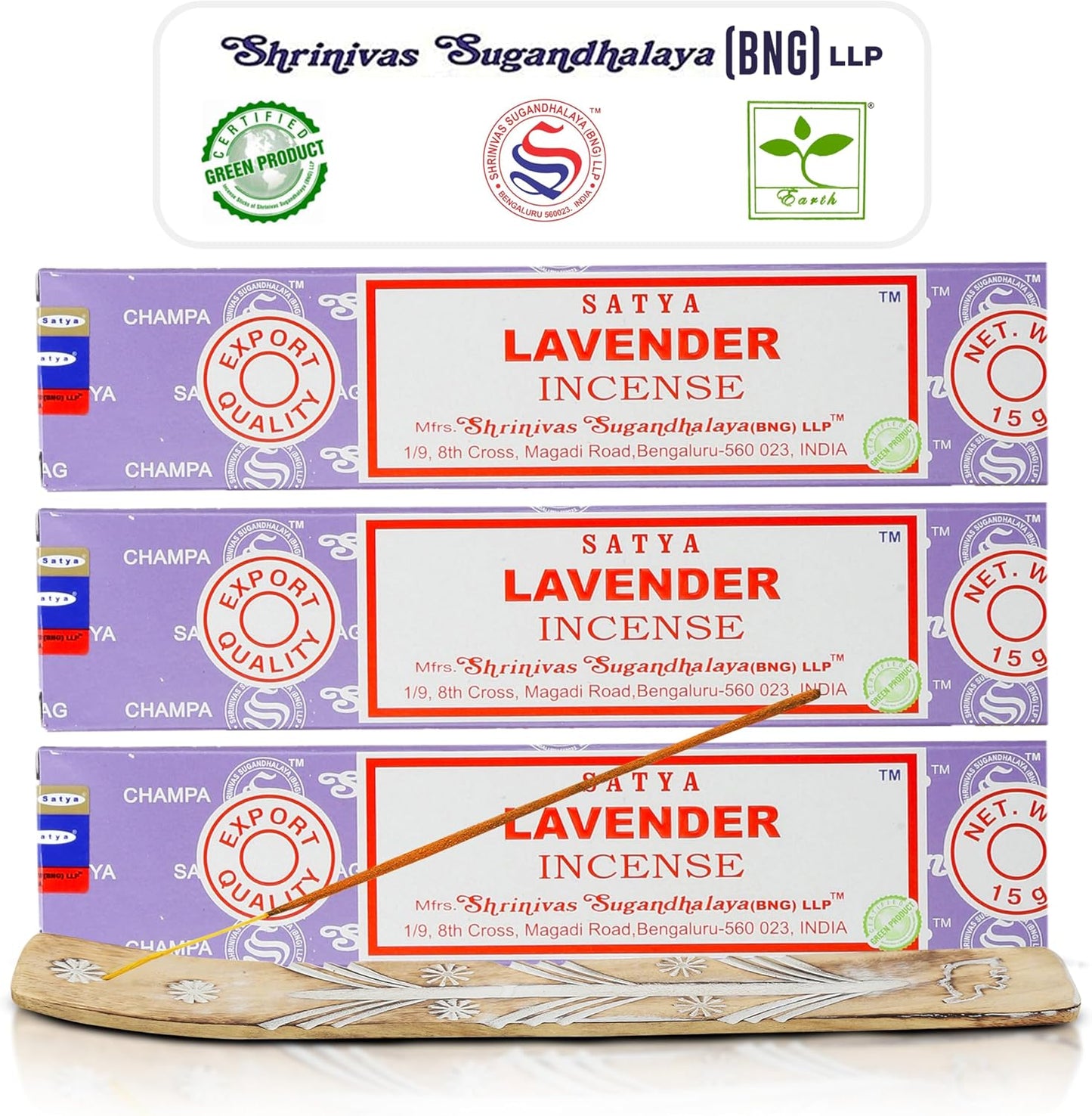 Satya Lavender Incense Sticks, Satya Bng (Bangalore) Insenses 15gmx3 Pack (45 GMS) with Raajsee Incense Holder Bundle, Satya Nagchampa Natural Incense