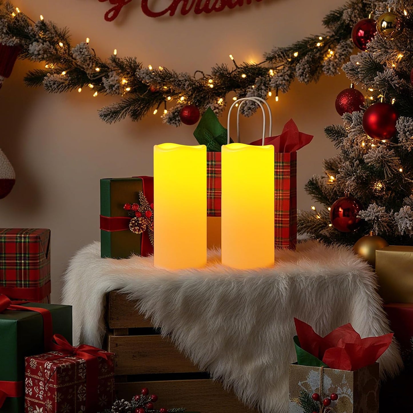 Amagic 2 Pack 10" x 4" Outdoor Plastic Electric flameless Candles with Remote Control and Timer, Battery Operated Flickering LED Pillar Fake Candle for Home, Wedding Decor, Ivory
