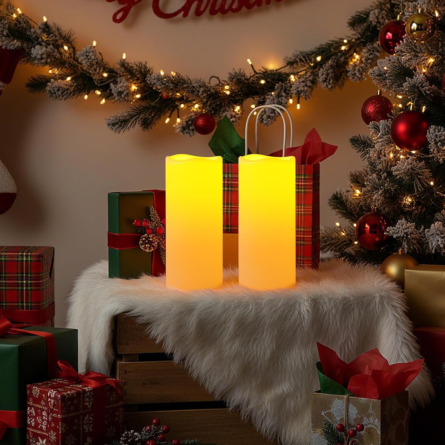 Amagic 2 Pack 10" x 4" Outdoor Plastic Electric flameless Candles with Remote Control and Timer, Battery Operated Flickering LED Pillar Fake Candle for Home, Wedding Decor, Ivory