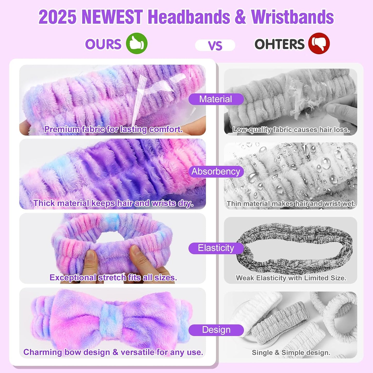 6 Pack Spa Headband with Wristbands: Washing Face Facial Makeup Skincare Headbands for Women Teen Girls - Soft Coral Fleece Elastic Hair Wraps for Easter Basket Stocking Stuffers Valentines Day Gifts