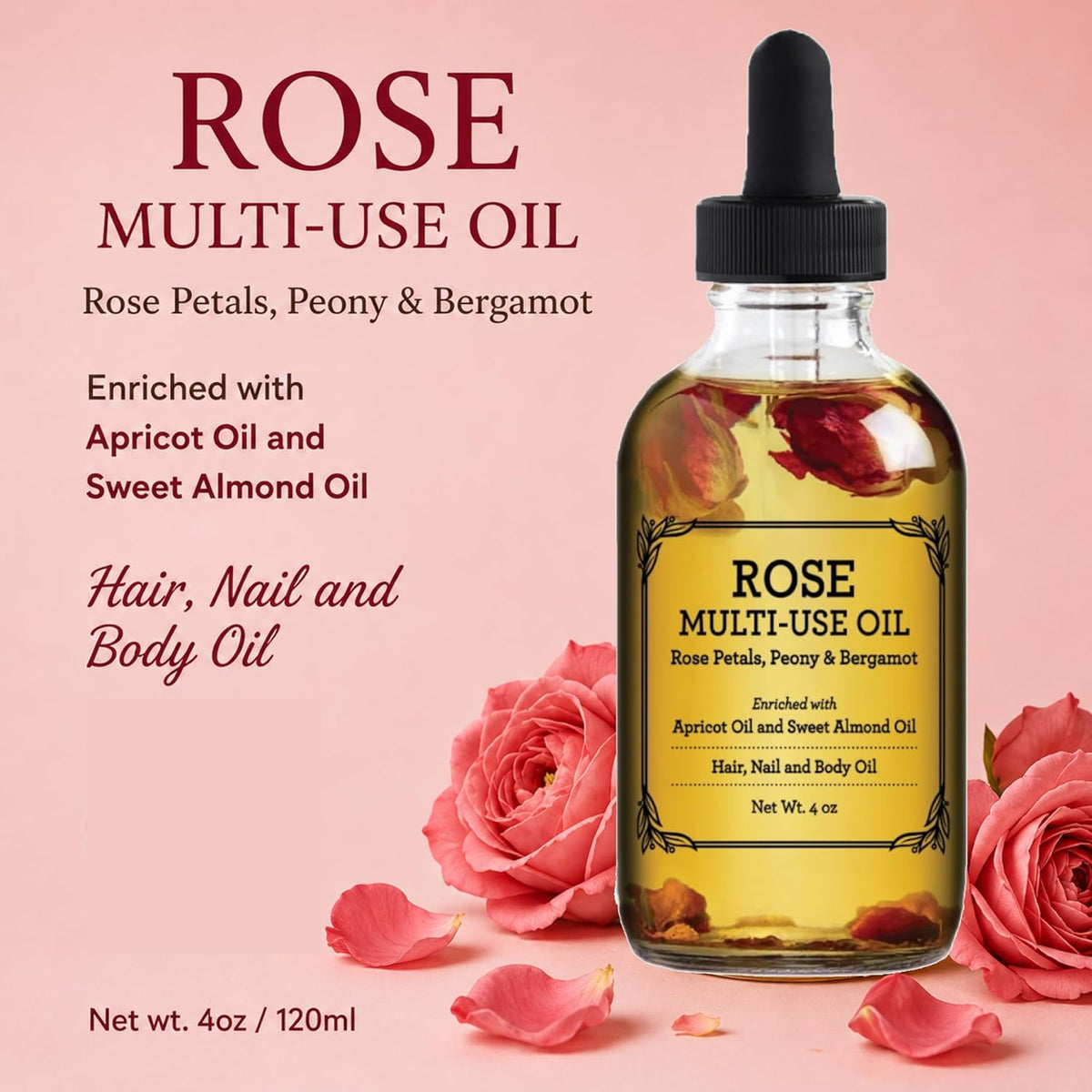 BEAUTE DE PROVENCE Multi-Use Oil for Face, Body and Hair - Organic Blend of Apricot, Vitamin E and Sweet Almond Oil Moisturizer for Dry Skin, Rose Petals, Bergamot Essential Oil - 4 Fl Oz