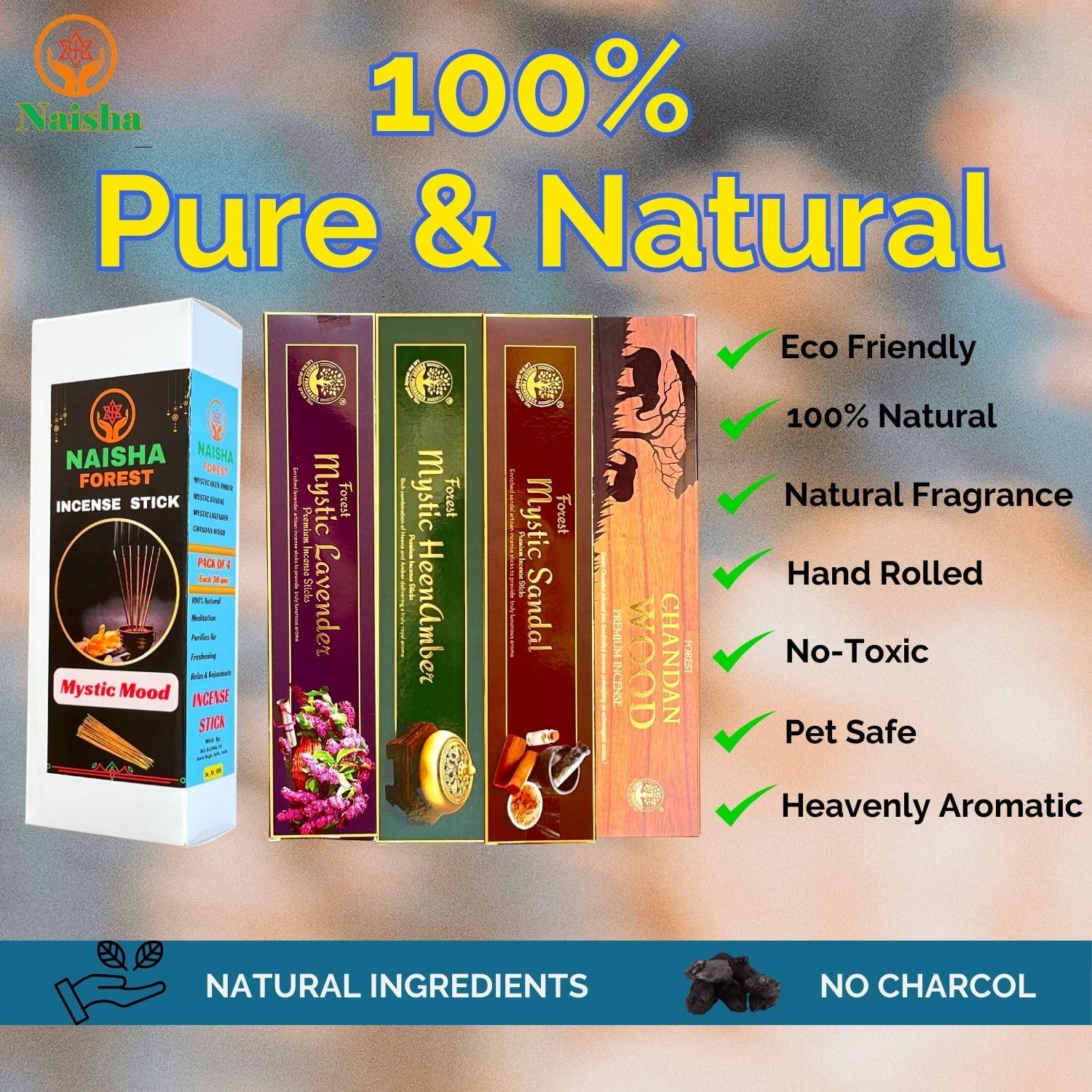 Naisha Incense Sticks Set of 4 (50 Gm Each) Spiritual Gift for Purification & Meditation, Indian Aromatherapy Set, Mystic Lavender, Mystic HeenAmber, Mystic Sandal, Chandan Wood (Mystic Mood)