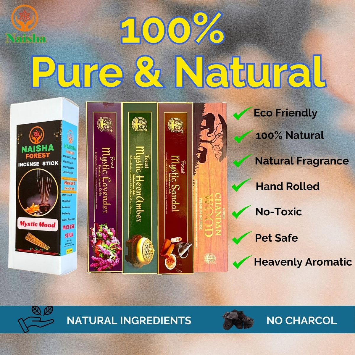 NAISHA Incense Sticks Variety Pack 4 Natural Agarbatti Aromatherapy 200g