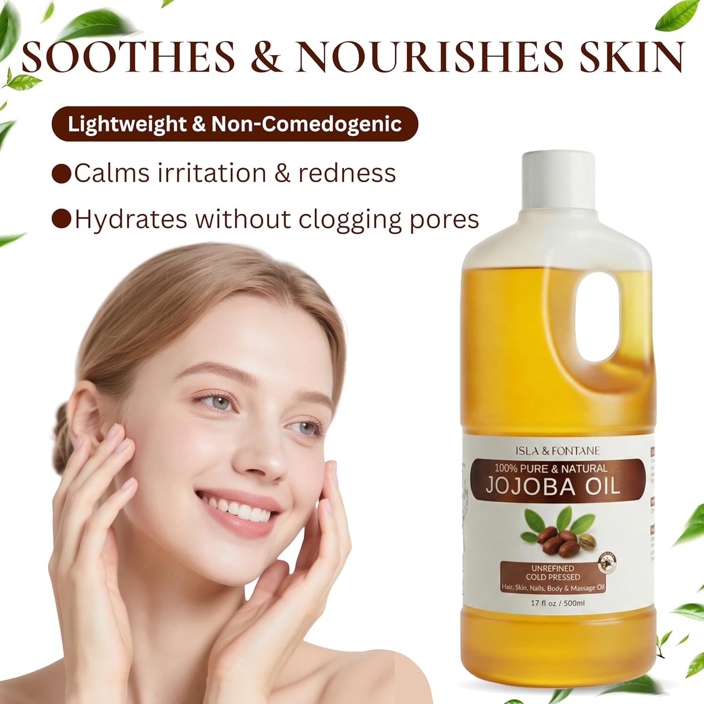 100% Pure & Natural Jojoba Oil 500ml/17.8 fl oz - Cold Pressed, Unrefined, Hexane Free Carrier Oil for Hair, Face, Body & Nails - Vegan, Non-GMO Moisturizer & Massage Oil