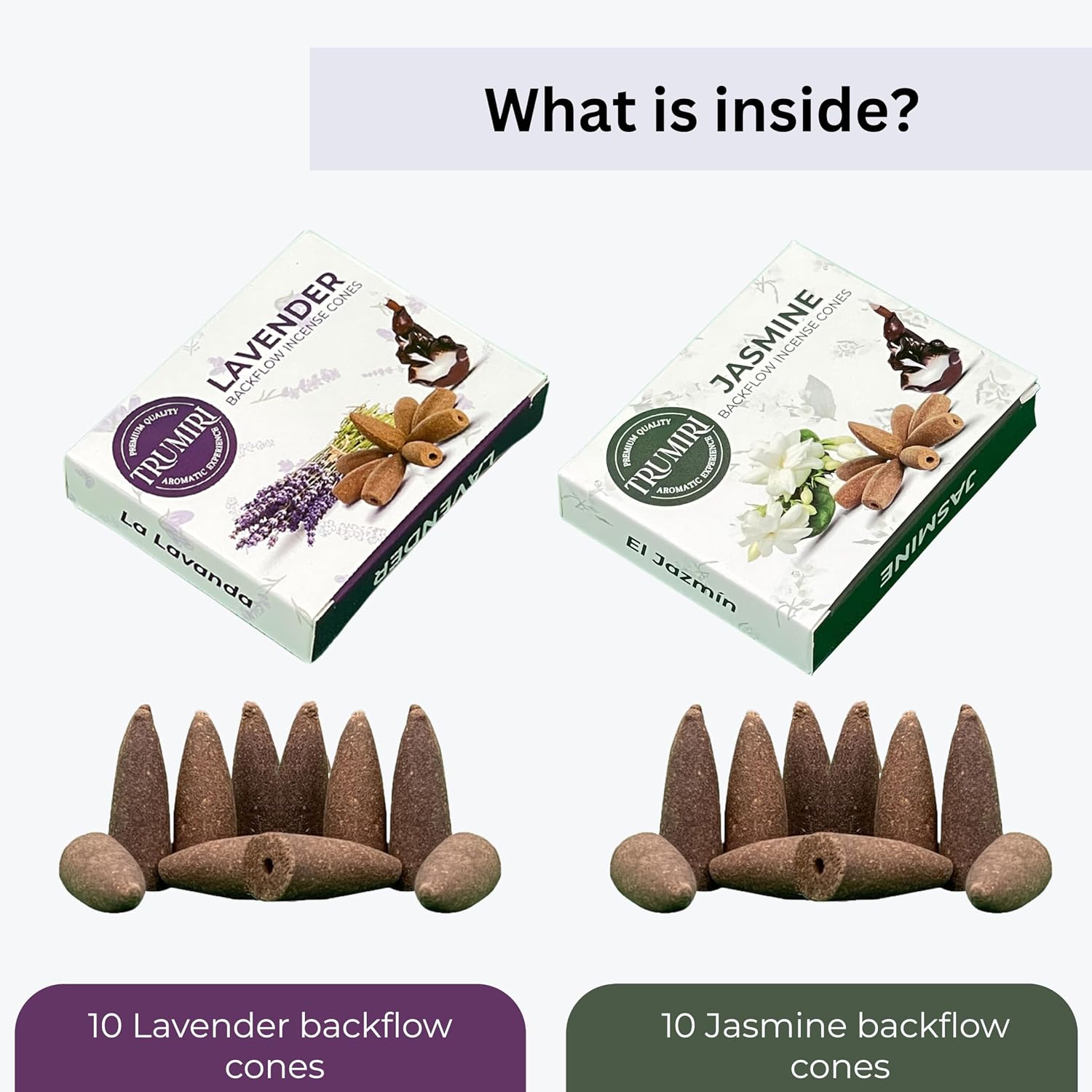 TRUMIRI Backflow Incense Cones - Combo Pack of 20 Incense Cones Waterfall - 10 Lavender + 10 Jasmine - Incense Backflow Cones - Waterfall Incense Cones - Incense Waterfall Cones