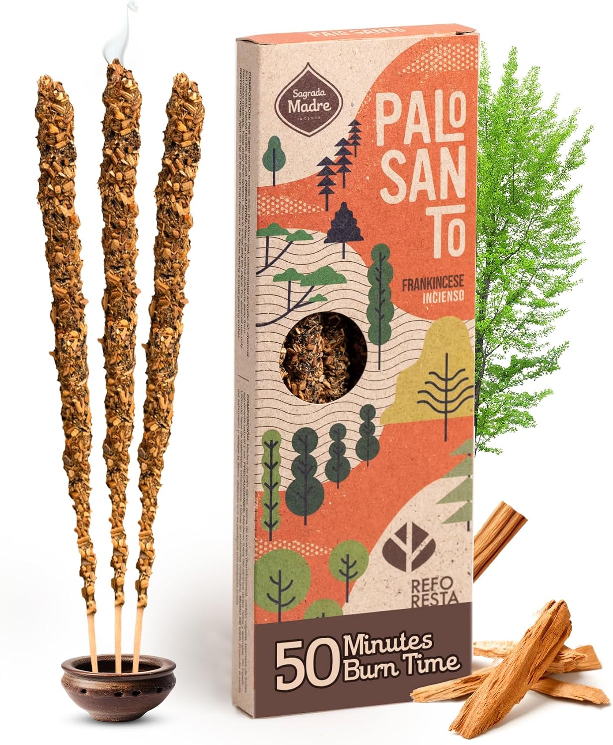 Sagrada Madre 4pcs Wildly Harvested Palo Santo Incense Sticks (Frankincense), 6.7” Long - Non-Toxic, Aromatic Incense Sticks (50 min Approx. Burning Time) to Heal & Calm Your Body and Environment
