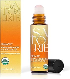 SATORIE Organic Castor & Frankincense Oil with Rose Quartz Rollerball - USDA Certified Essential Blend Oil Roll-On, Time Eraser Rollerball, for Face, Under Eyes, Anti-Aging, Dark Circles
