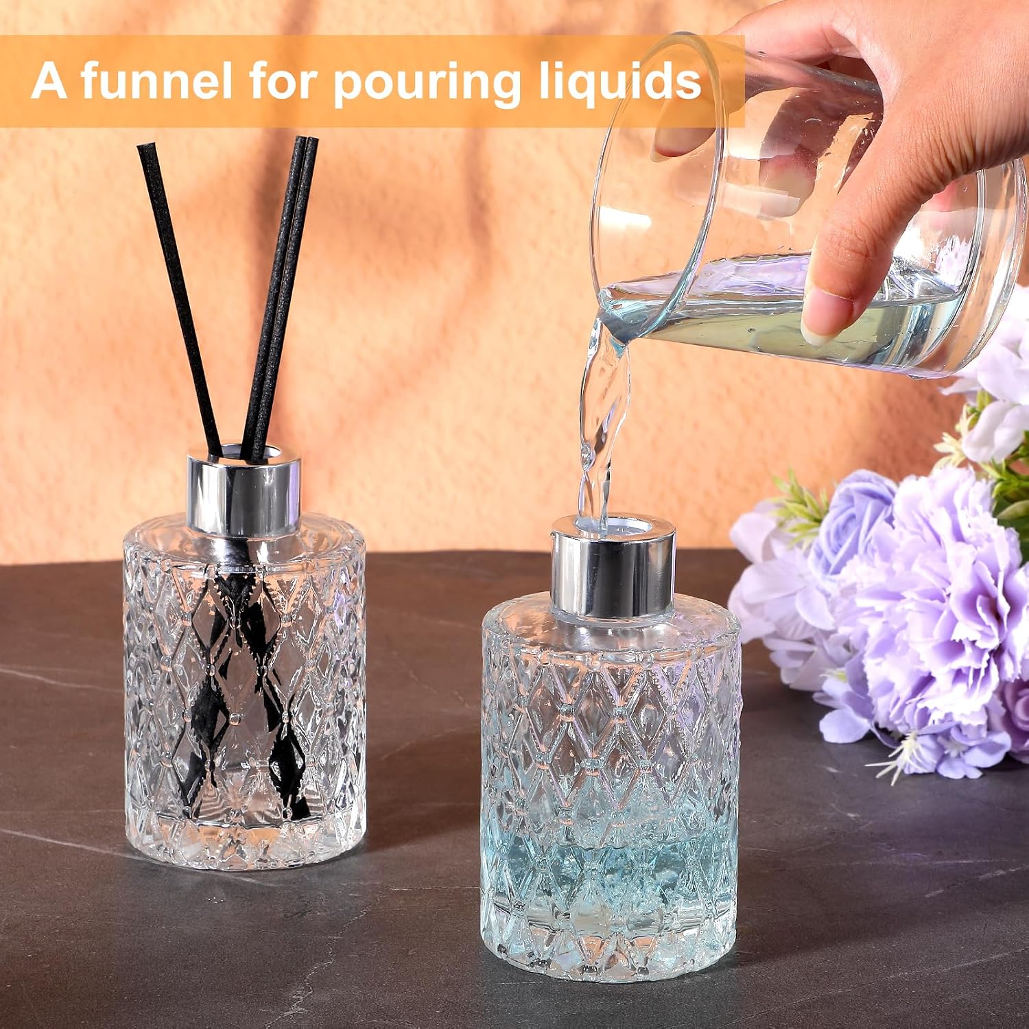 4 Set Empty Reed Diffuser Bottle Set with Stick, 150ml Refillable Patterned Glass Vase with Black Rattan Reed & Cap for DIY Essential Oil, Home Fragrance, Bulk,Silver