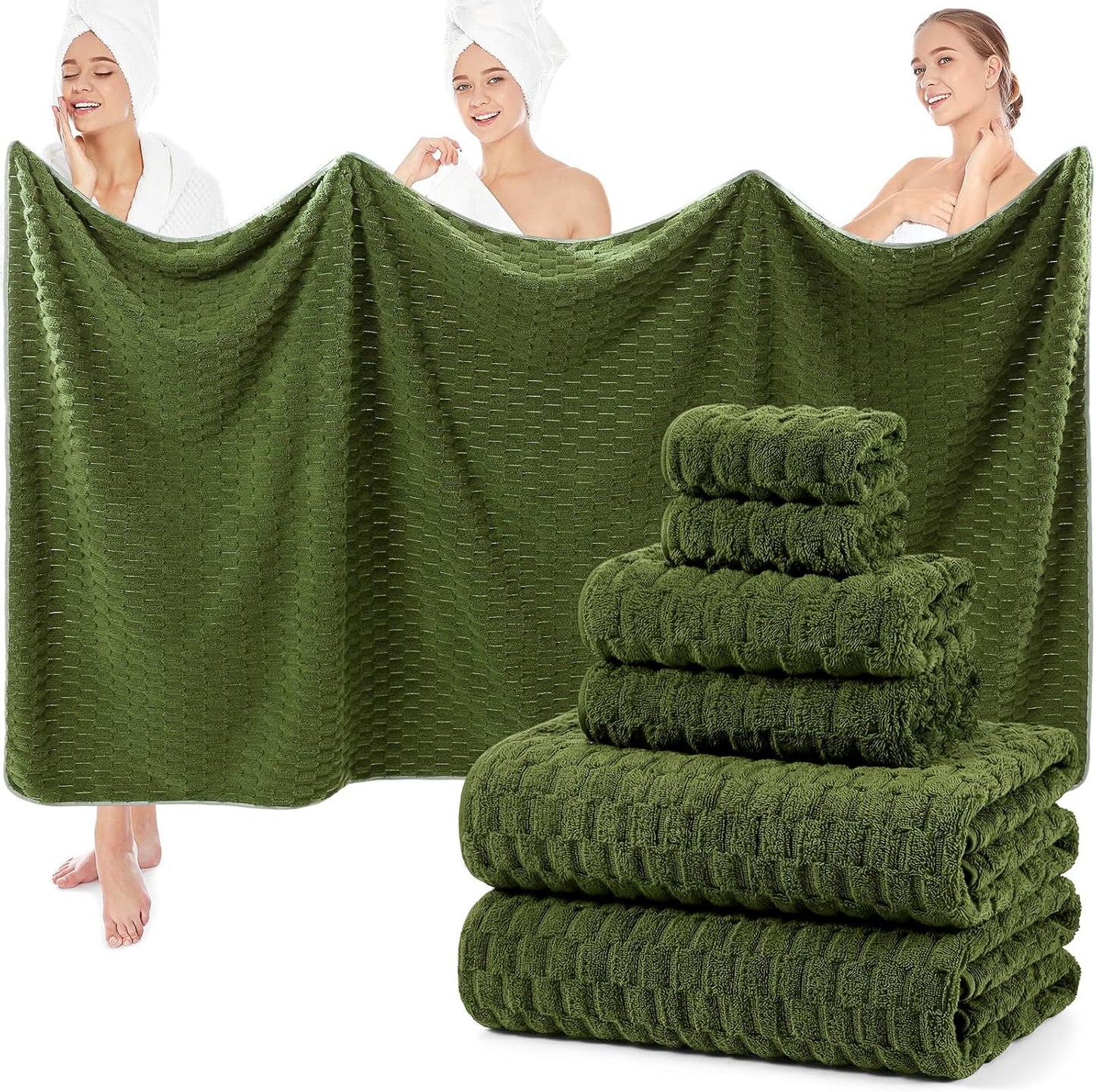 SmoothNovelty Set of 6 Extra Large Bath Towel 40x80 Inches Oversized Bath Sheet 2 Shower Towels 2 Hand Towels 2 Washcloths for Adult Absorbent Quick Dry Bathroom Spa Gym(Cloud Texture,Olive Green)