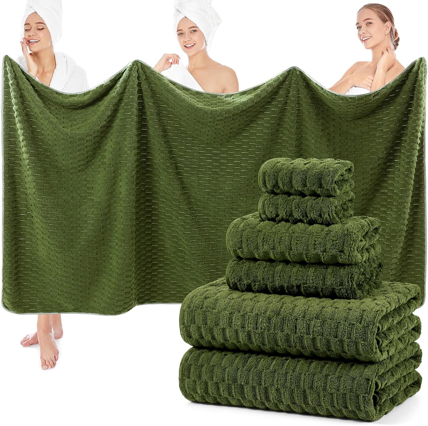SmoothNovelty Set of 6 Extra Large Bath Towel 40x80 Inches Oversized Bath Sheet 2 Shower Towels 2 Hand Towels 2 Washcloths for Adult Absorbent Quick Dry Bathroom Spa Gym(Cloud Texture,Olive Green)