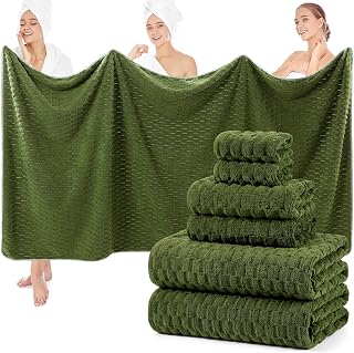SmoothNovelty Set of 6 Extra Large Bath Towel 40x80 Inches Oversized Bath Sheet 2 Shower Towels 2 Hand Towels 2 Washcloths for Adult Absorbent Quick Dry Bathroom Spa Gym(Cloud Texture,Olive Green)