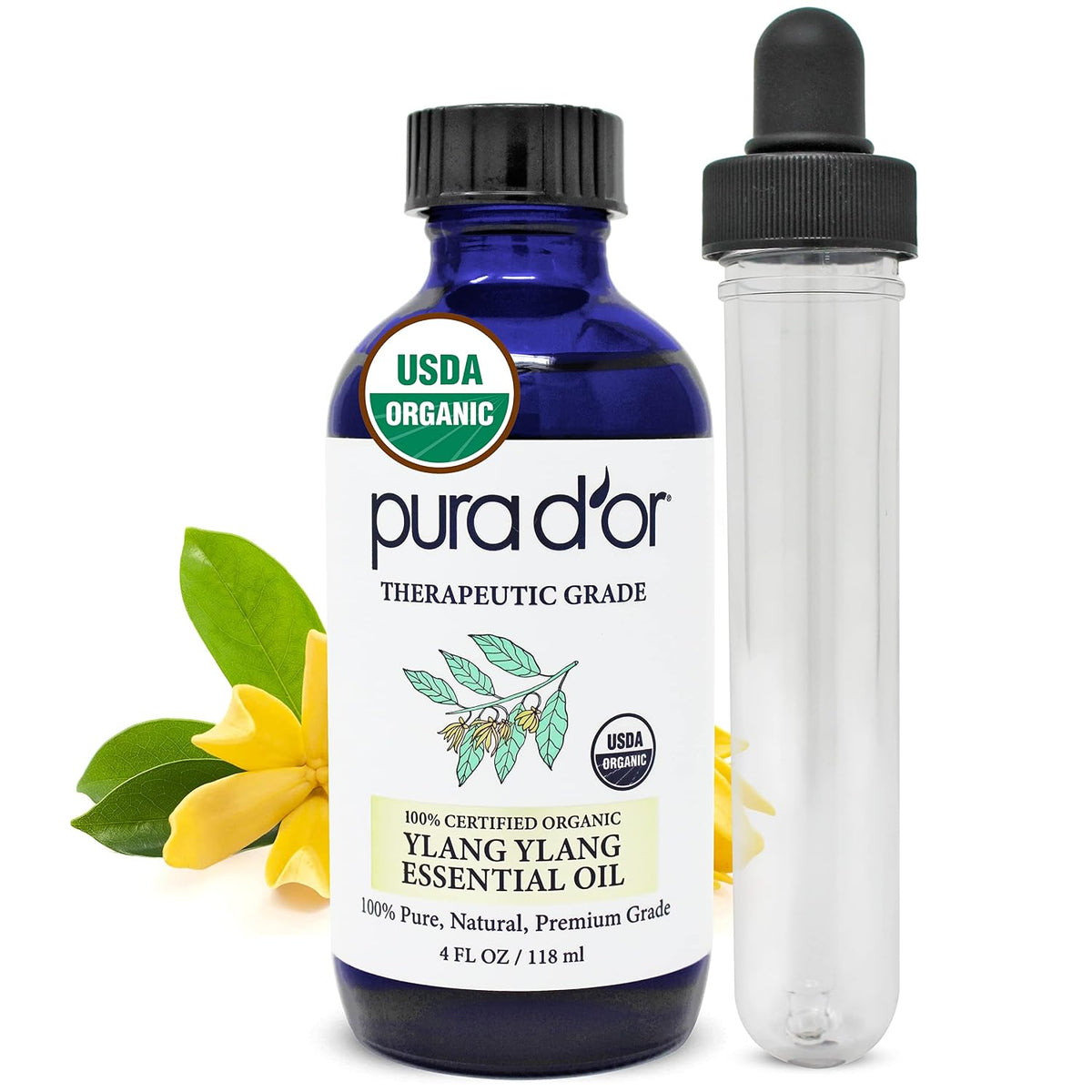 PURA D'OR Organic Ylang Ylang Essential Oil (4oz with Glass Dropper) 100% Pure & Natural Therapeutic Grade for Hair