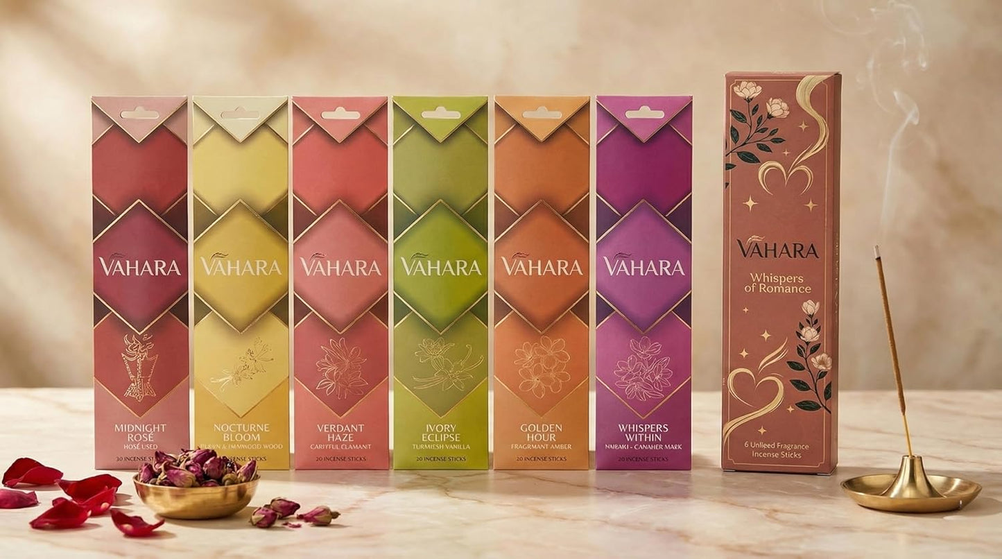 Premium VAHARA Incense Sticks Variety Pack – Natural Masala Incense Sticks, Premium VAHARA Hand-Rolled Incense for Home Fragrance, Aromatherapy & Meditation (Whispers of Romance, 6 Fragrance Packs)