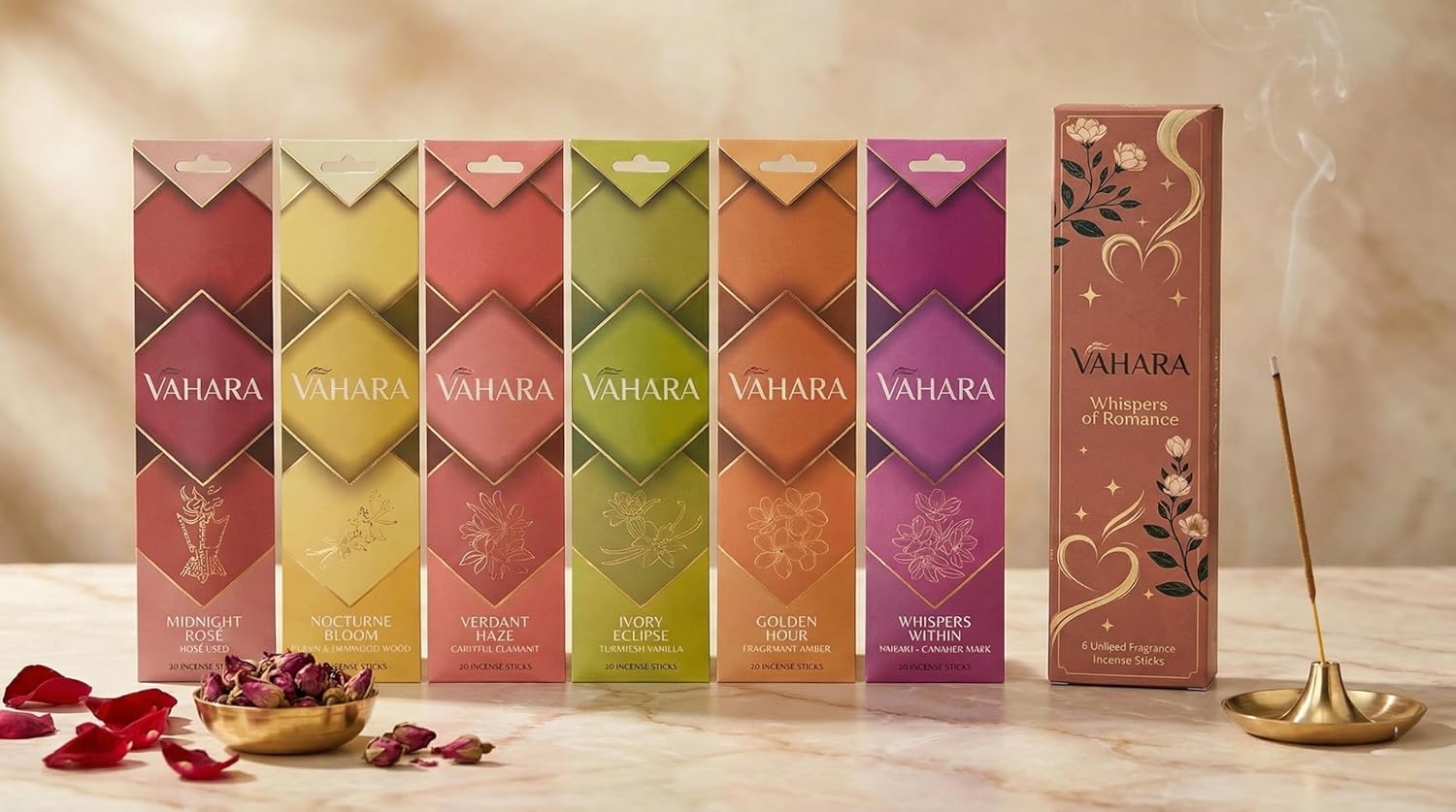 Premium VAHARA Incense Sticks Variety Pack – Natural Masala Incense Sticks, Premium VAHARA Hand-Rolled Incense for Home Fragrance, Aromatherapy & Meditation (Whispers of Romance, 6 Fragrance Packs)