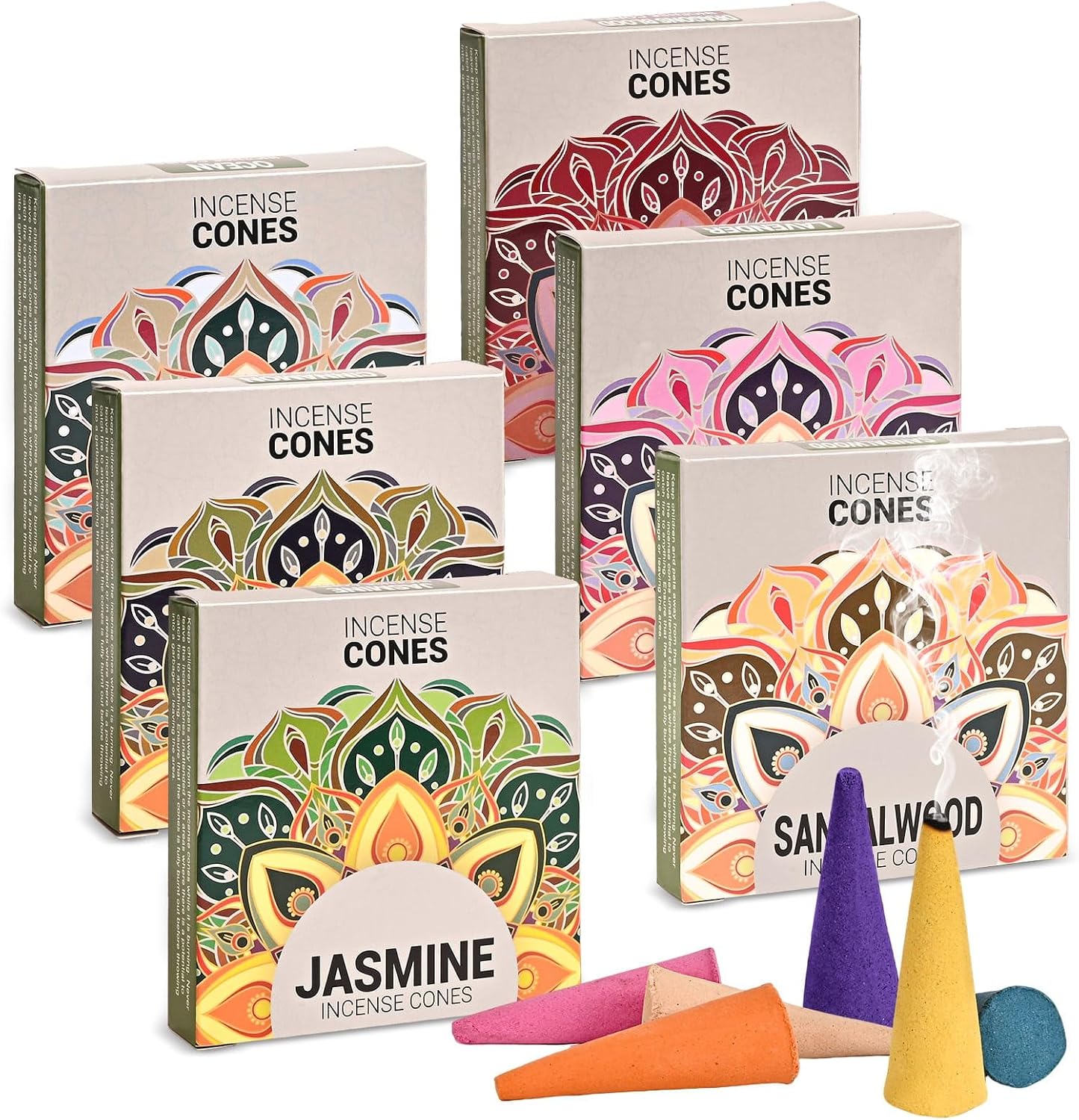 Incense Cones Variety Pack - 6 Scents: Lavender, Sandalwood, Dragons Blood, Ocean, Cinnamon, Jasmine for Relaxation