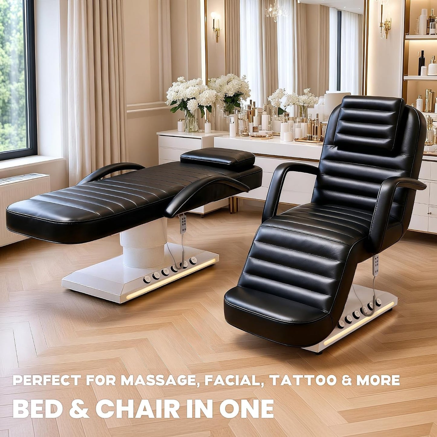 Electric Massage Table with LED Light, Adjustable Facial Bed with Foot Control for Spa, Tattoo, Waxing, and Eyelash Extension, Removable Headrest and Armrest, 90° Back & Leg Adjustment (Black)