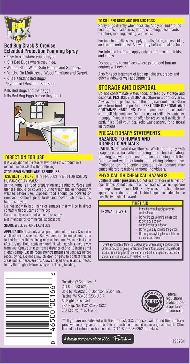 Raid MAX Bed Bug Crack & Crevice Extended Protection Foaming Spray, Kills Bed Bugs for up to 8 weeks on Laminated Woods and Surfaces, 17.5 oz