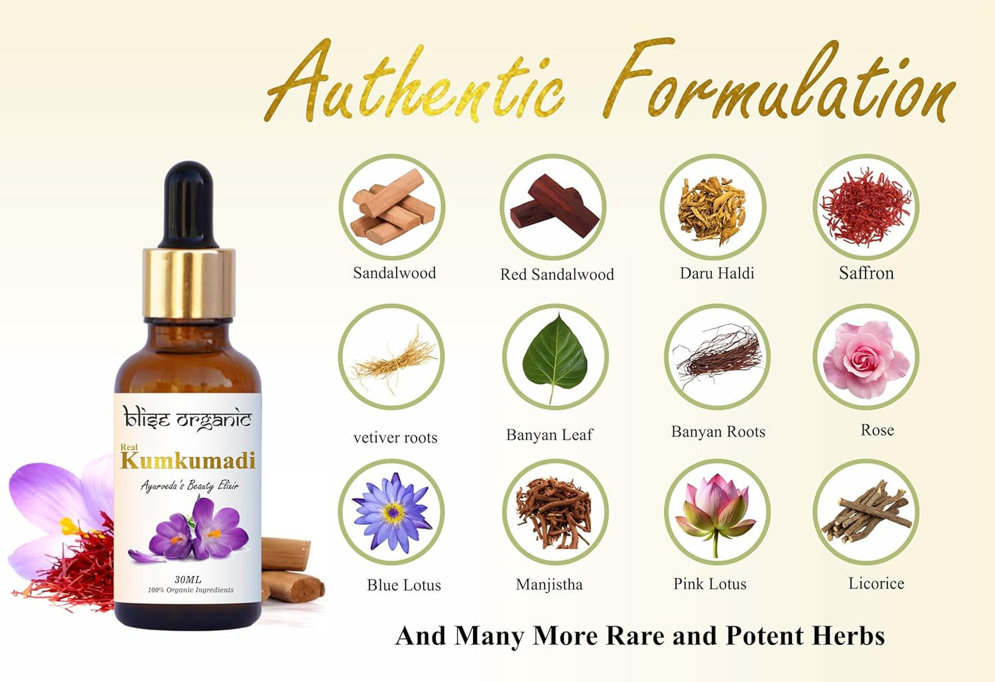 Blise organic Real Kumkumadi oil - 100% Pure and Natural, Chemical Free, Serum Face Oil, Made with Potent and Rare 30 wild Herbs, Enriched with Saffron and sandalwood and, Non GMO