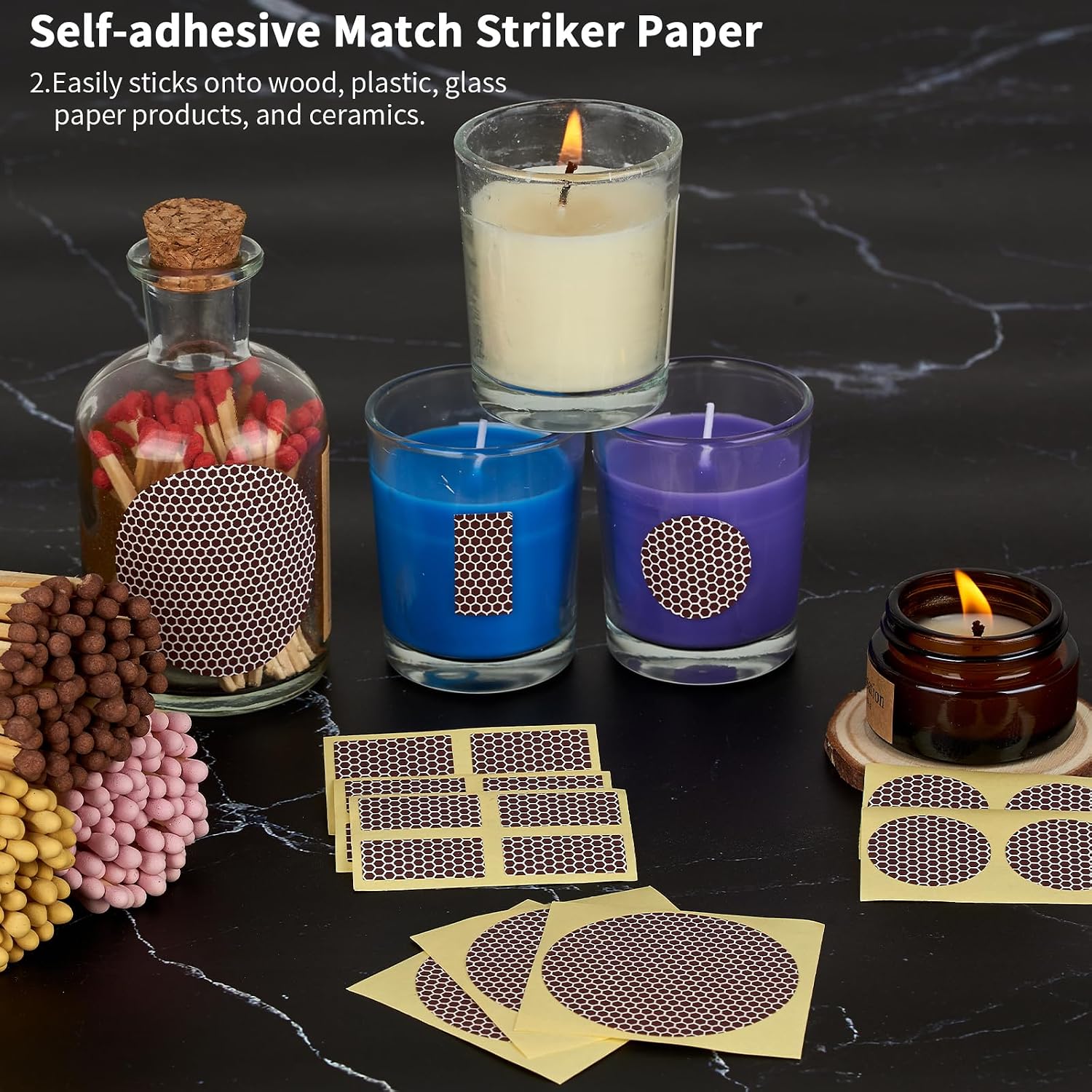 60 Pcs Match Striker Paper with Adhesive, 3 Sizes of Matches Sticker Striker for Match Holder, Matches for Candles, Matches Box Bulk, Matches in A Jar with Striker, Decorative Match Cloche
