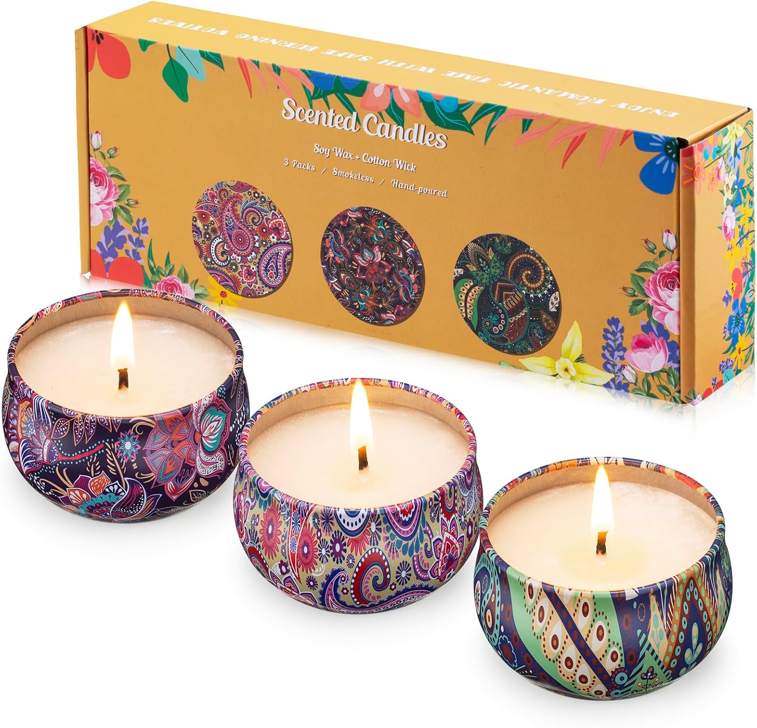 Hausware 3 Pack Scented Candles, 2.5 oz Aromatherapy Candles with Floral Scents,Soy Candles Set with 72H Burning Time,Ideal Gift for Women (Lavender+Vanilla+Rose)