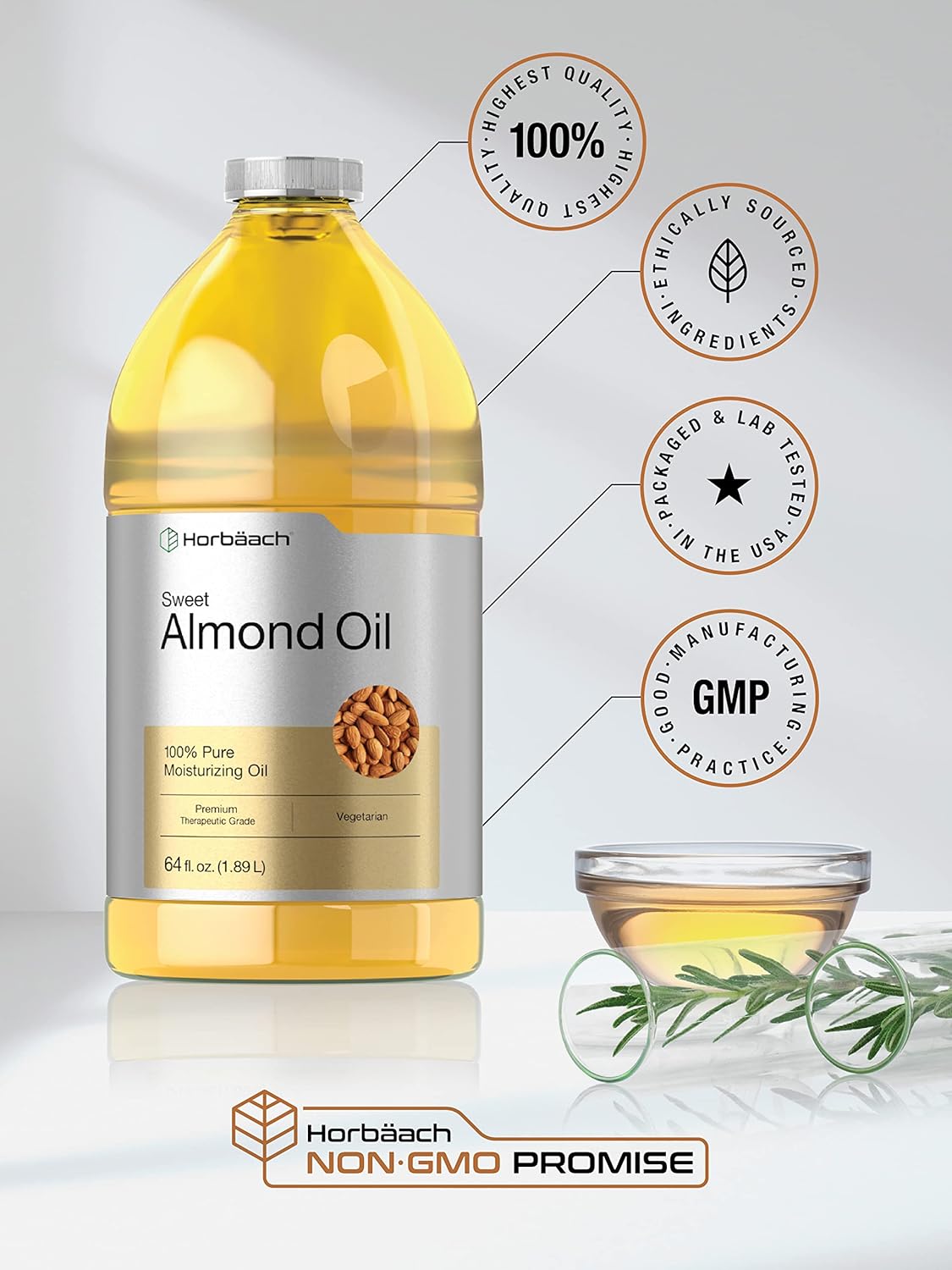 Horbäach Sweet Almond Oil | 64 fl oz | For Skin and Hair | Cold Pressed | Pure Moisturizing Liquid | Vegetarian, Non-GMO, and Gluten Free