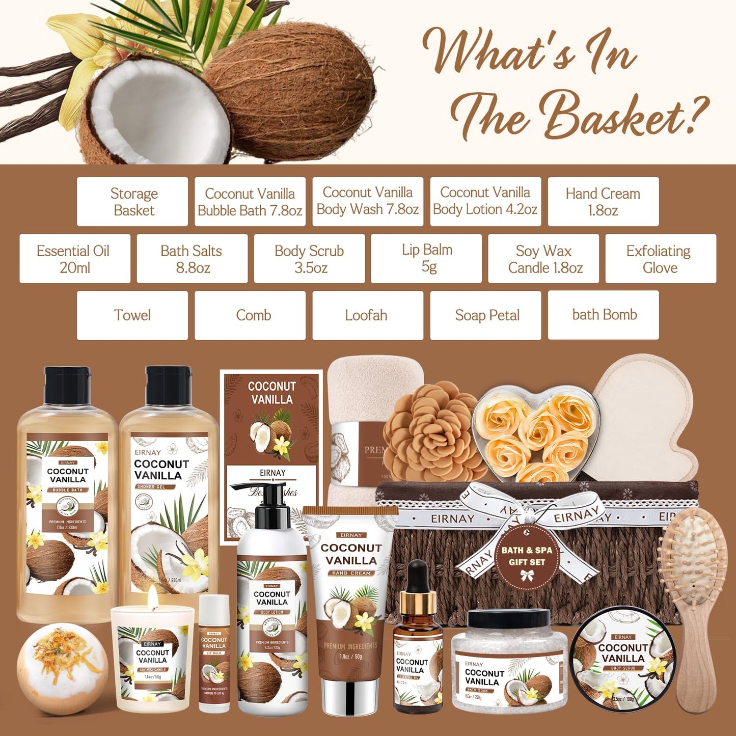 Gifts For Women - 16 PCS Birthday Gift Basket for Women Set of Coconut Vanilla Self Pampering Set, Includes Luxurious Home Spa Shower Gel Bubble Bath
