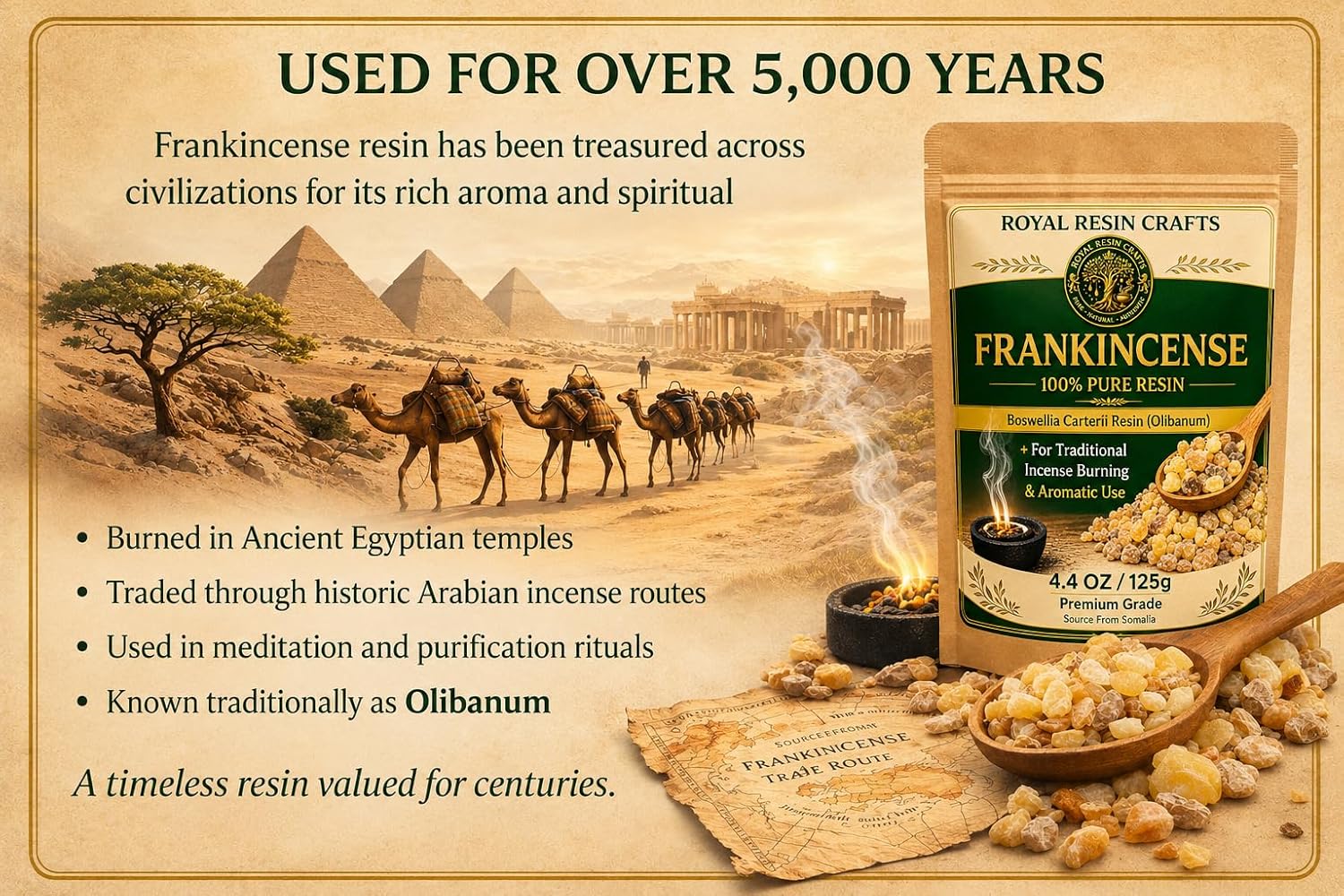 Premium Organic Frankincense Resin (Boswellia Carterii) – 125 g / 4.40 oz Wild-Harvested Olibanum – Pure Incense Resin for Aromatic Burning, Spiritual Rituals & Home Ambiance – Royal Resin Crafts