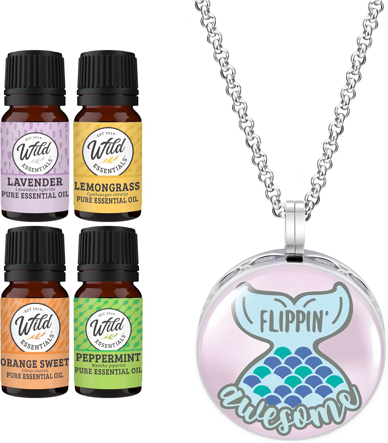 Wild Essentials Flippin Awesome Mermaid Necklace Essential Oil Diffuser Kit, Lavender, Lemongrass, Peppermint, Orange Oils, 8 Refill Pads, Calming Aromatherapy Gift Set, Customizable, Perfume