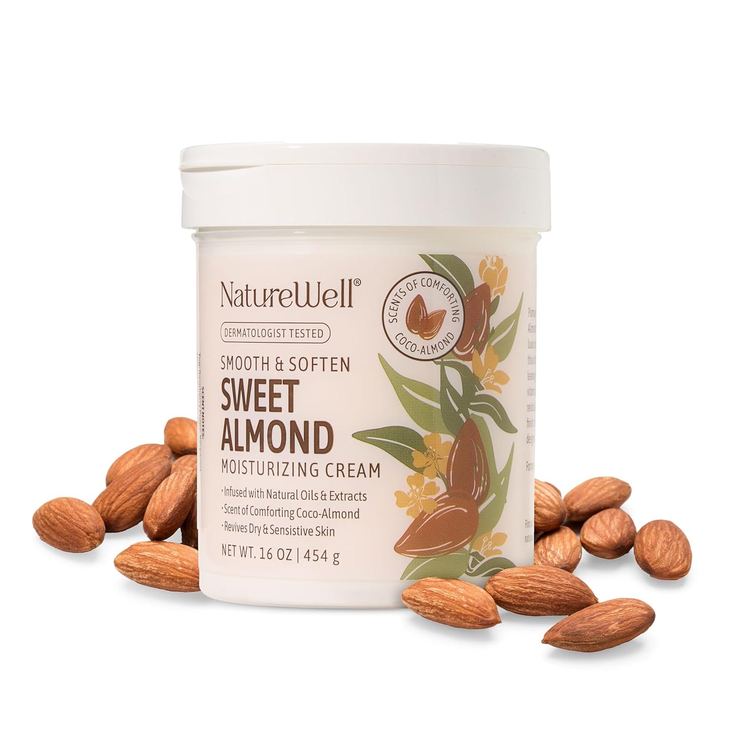 NATURE WELL Sweet Almond Body Cream, Moisturizing Cream for Dry & Sensitive Skin, Hydrating Body Moisturizer with Natural Oils & Extracts, Coco-Almond Scent, Dermatologist Tested, 16 Oz