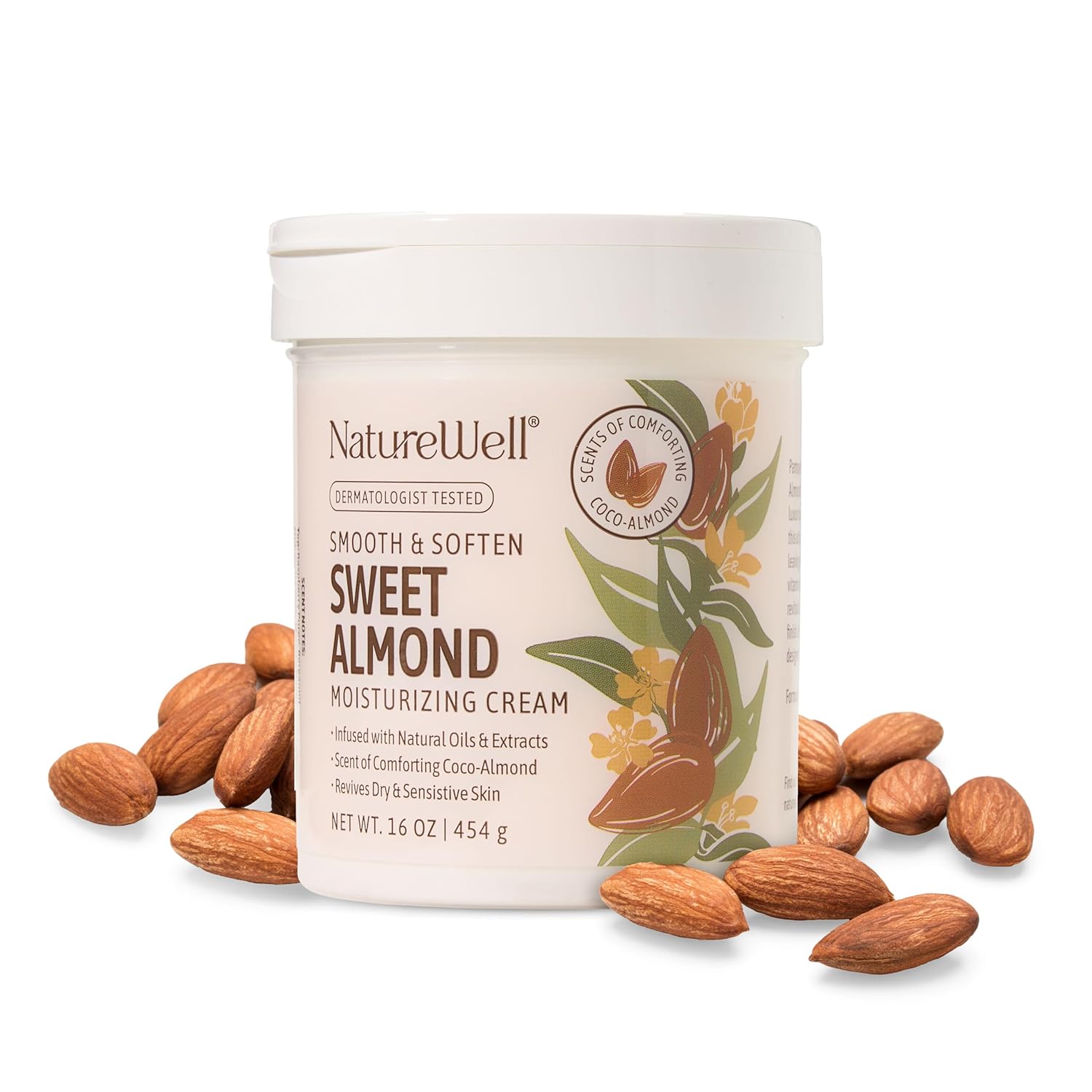 NATURE WELL Sweet Almond Body Cream, Moisturizing Cream for Dry & Sensitive Skin, Hydrating Body Moisturizer with Natural Oils & Extracts, Coco-Almond Scent, Dermatologist Tested, 16 Oz