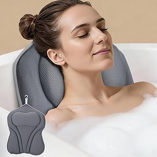 Bath Pillow PYRRHIC - Bathtub Pillow 5D Mesh with Neck & Back Support Non-Slip Suction Cups Fast Drying Soft Spa Pillow Relaxing Bath Accessories with Hook Laundry Bag Grey
